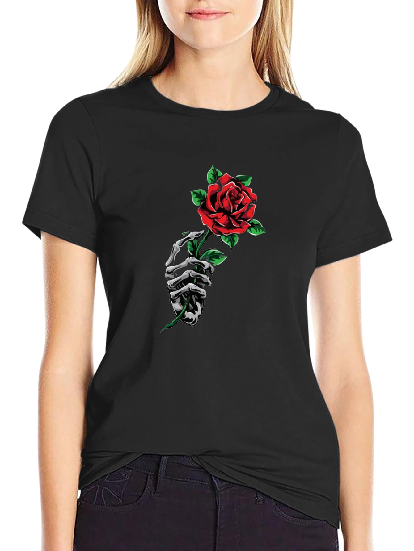 Skeleton Hand Rose Graphic Tee - Black T-Shirt