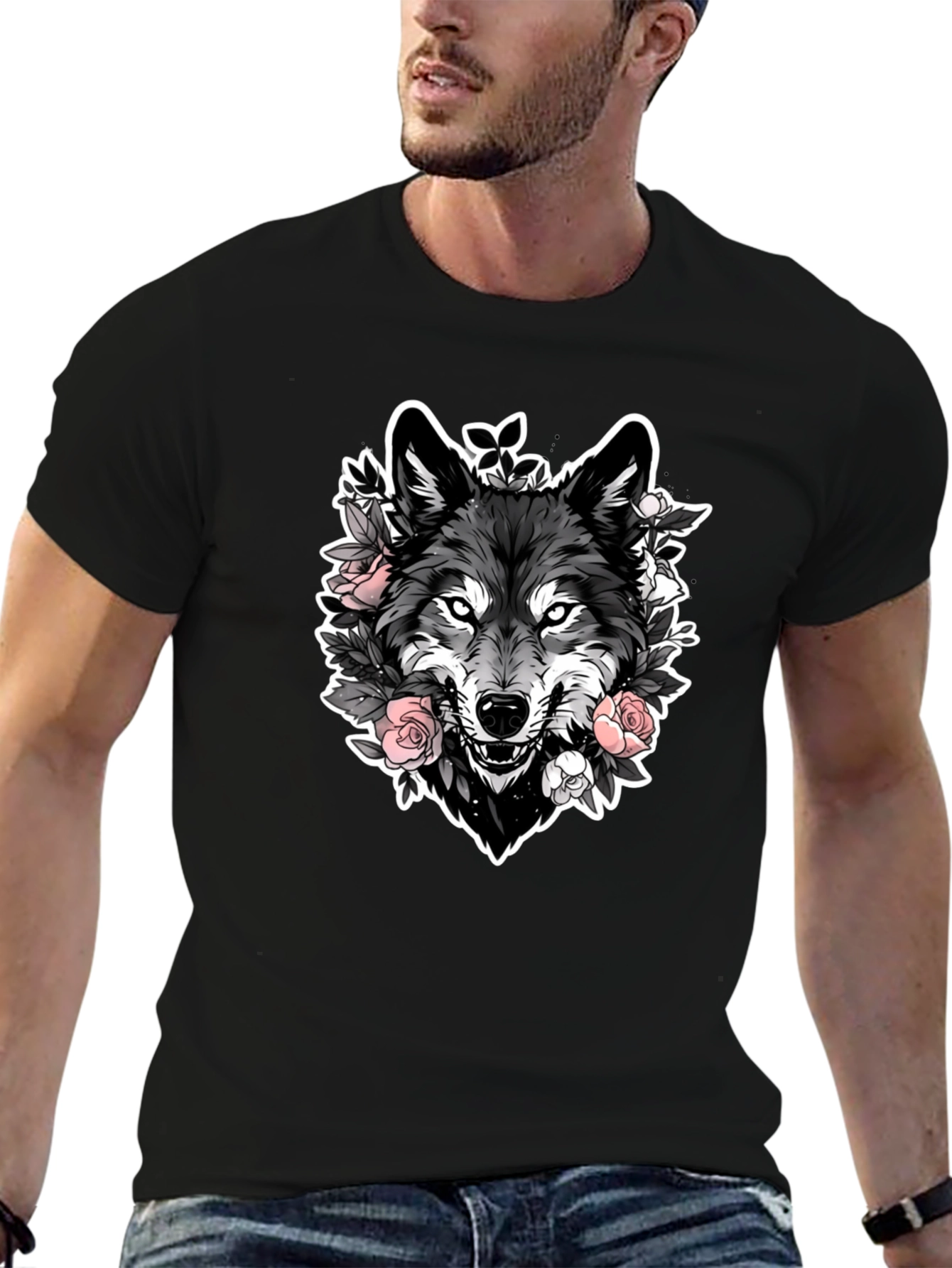 Wolf & Roses Graphic Black T-Shirt