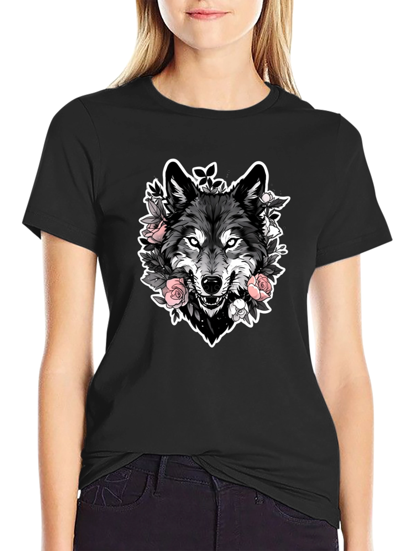 Wolf & Roses Graphic Black T-Shirt