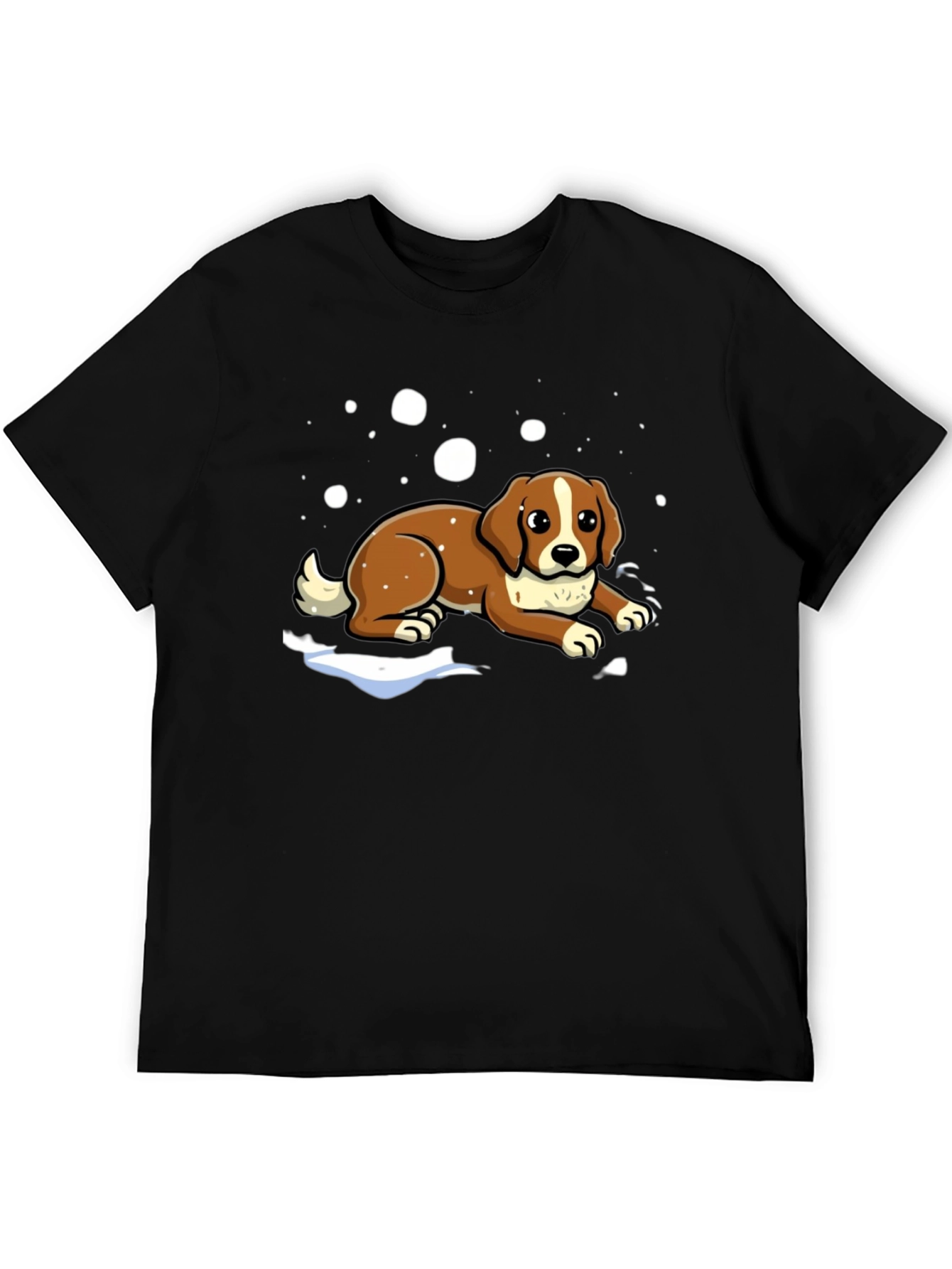Dog in Snow Graphic Tee - Black Cotton T-Shirt