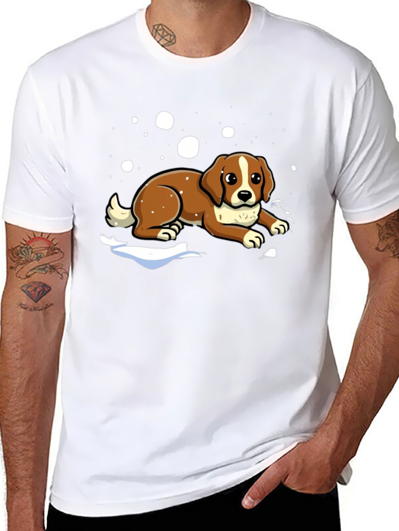 Dog in Snow Graphic Tee - Black Cotton T-Shirt