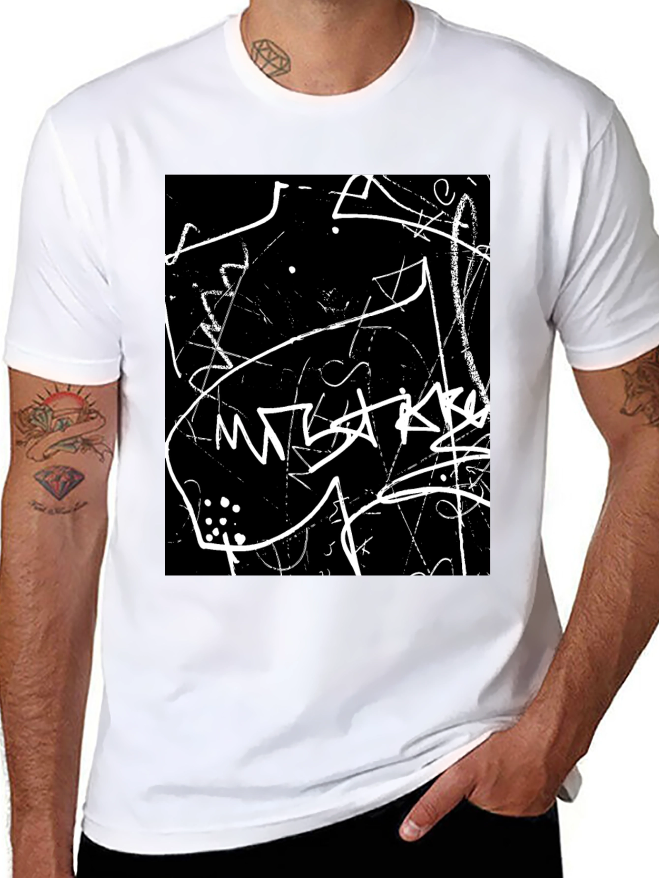 Abstract Black T-Shirt with White Scribble Design