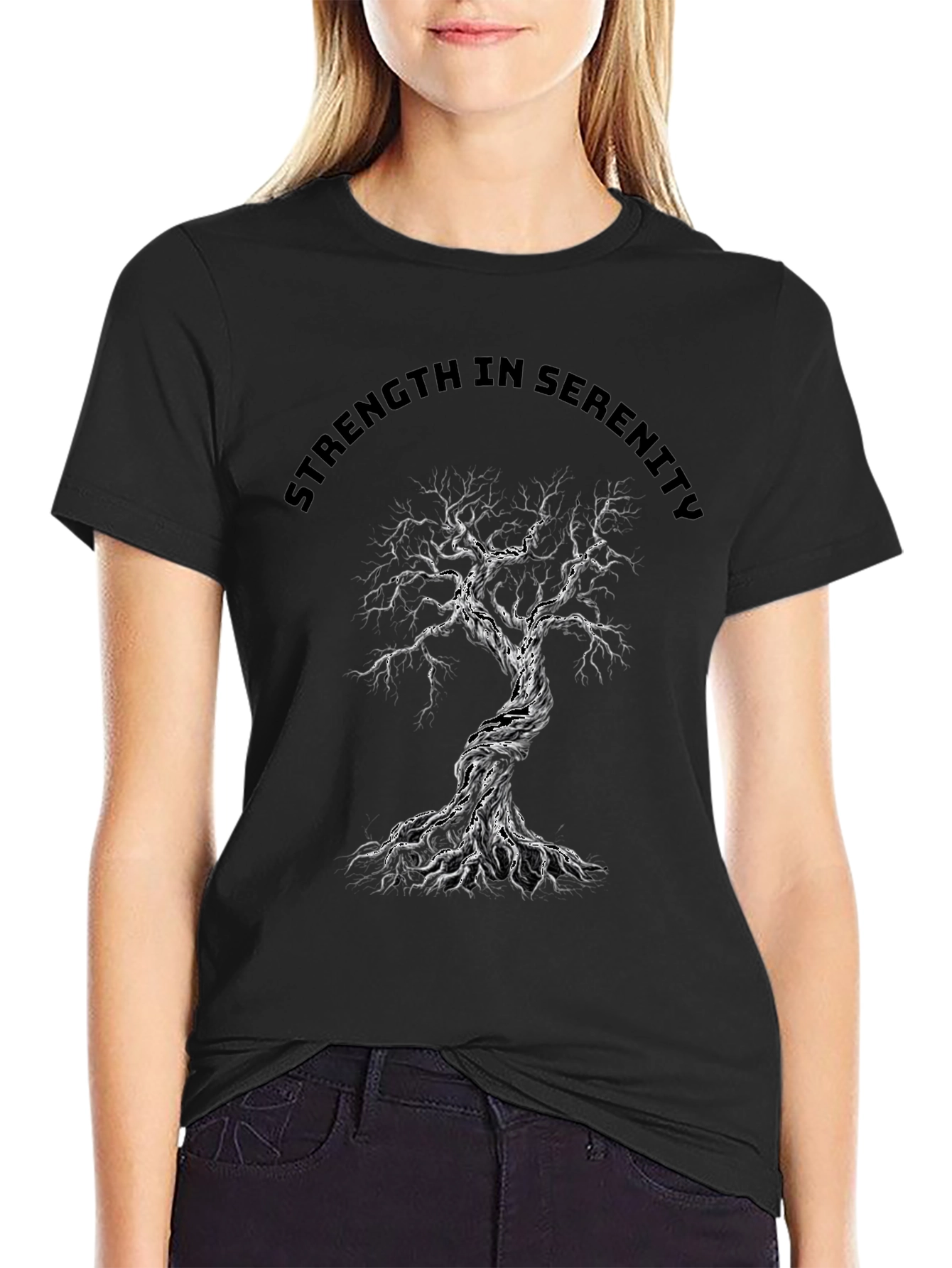 Strength in Serenity Tree Graphic Tee - Black