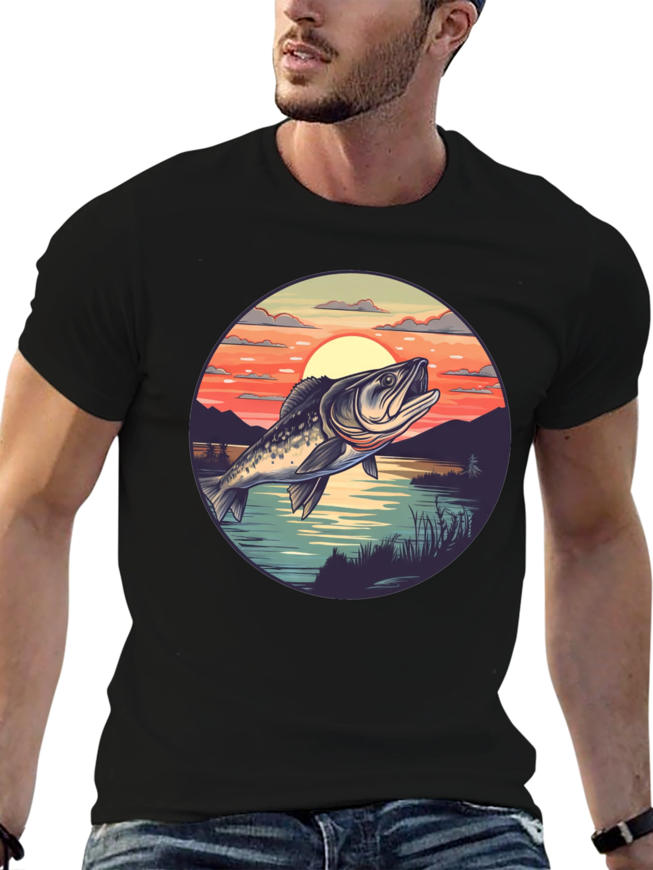 Bass Fishing Sunset Graphic Tee