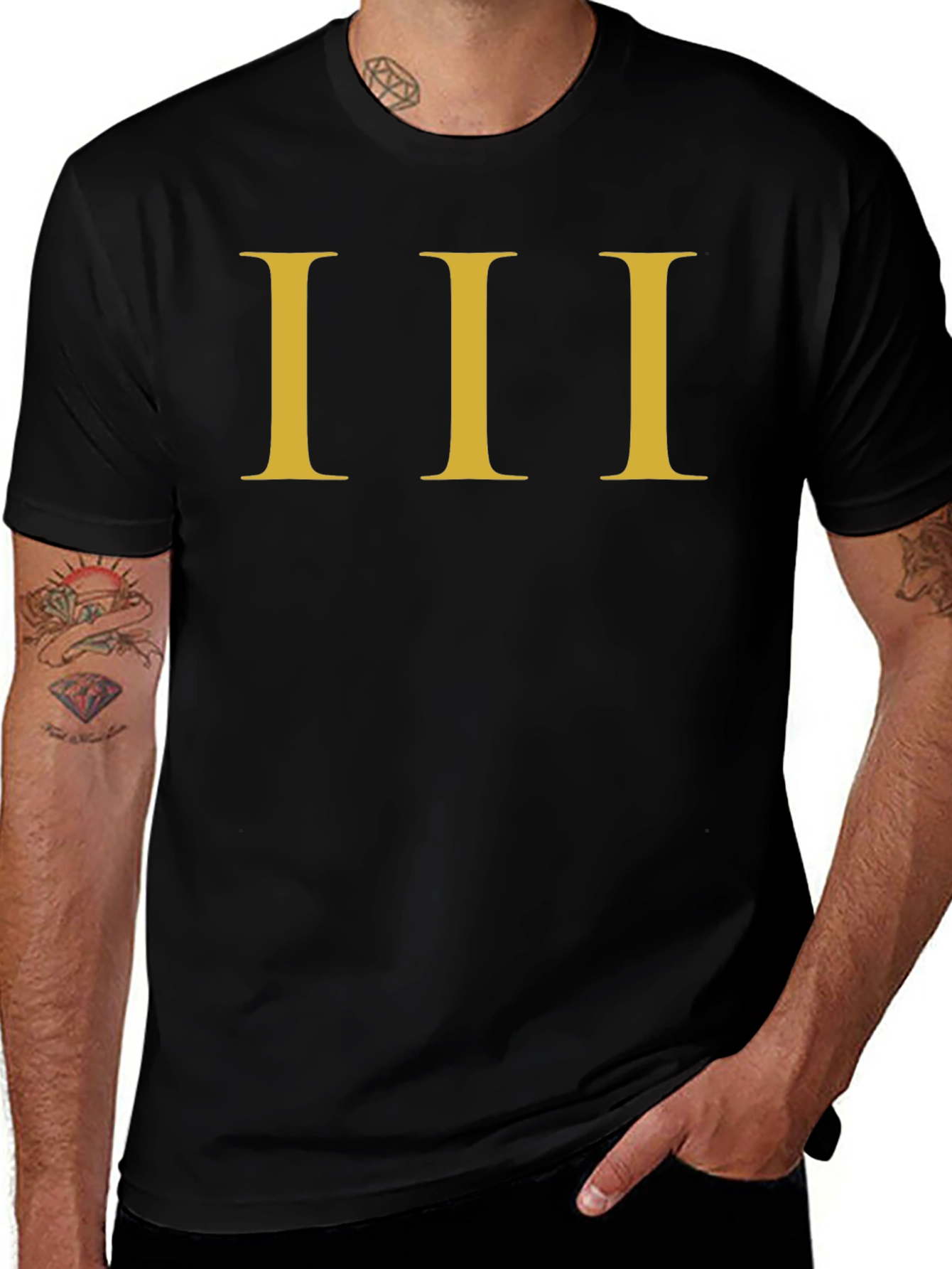 Mens Black T-Shirt with Gold Roman Numeral III Design