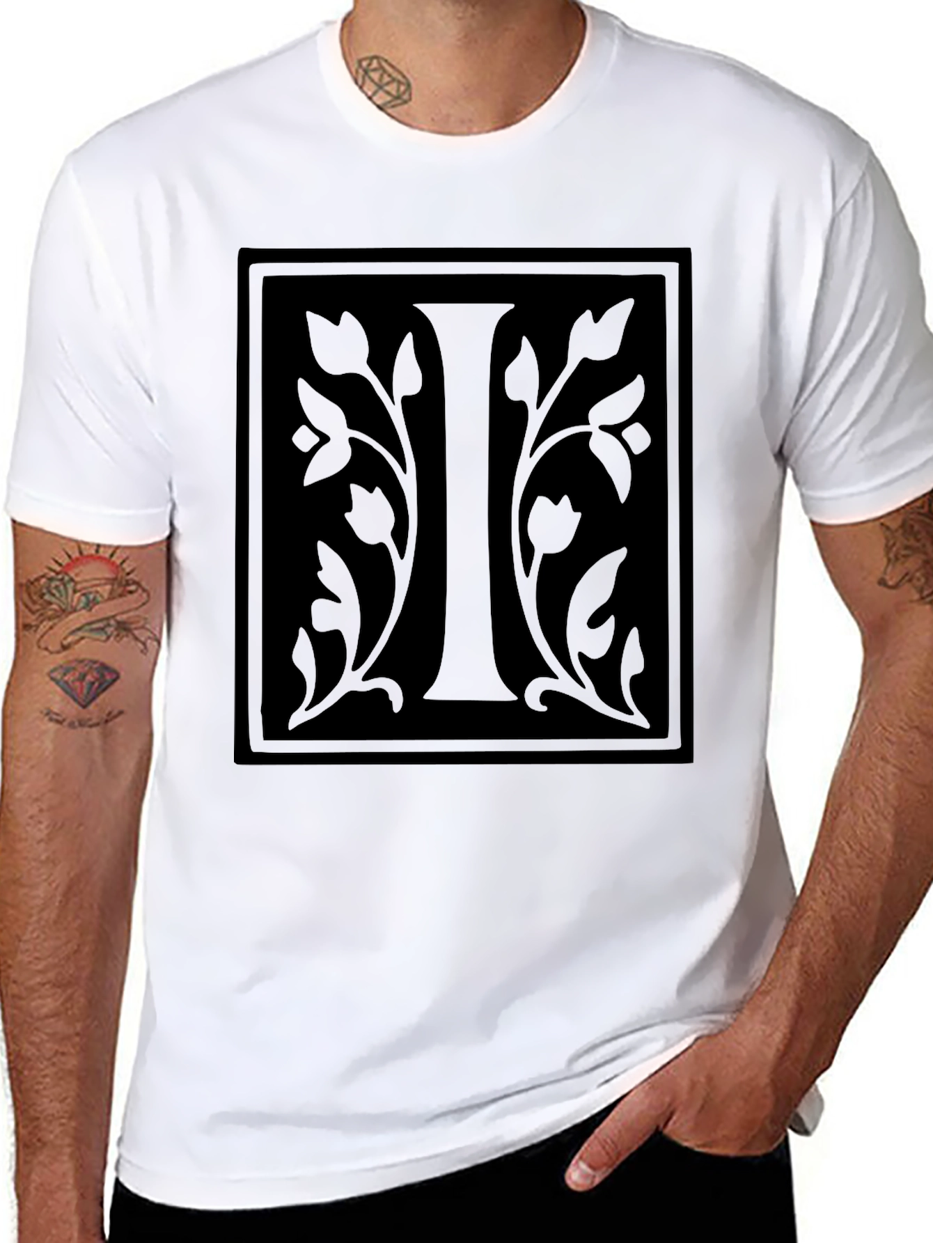 Initial I Floral Graphic Black T-Shirt