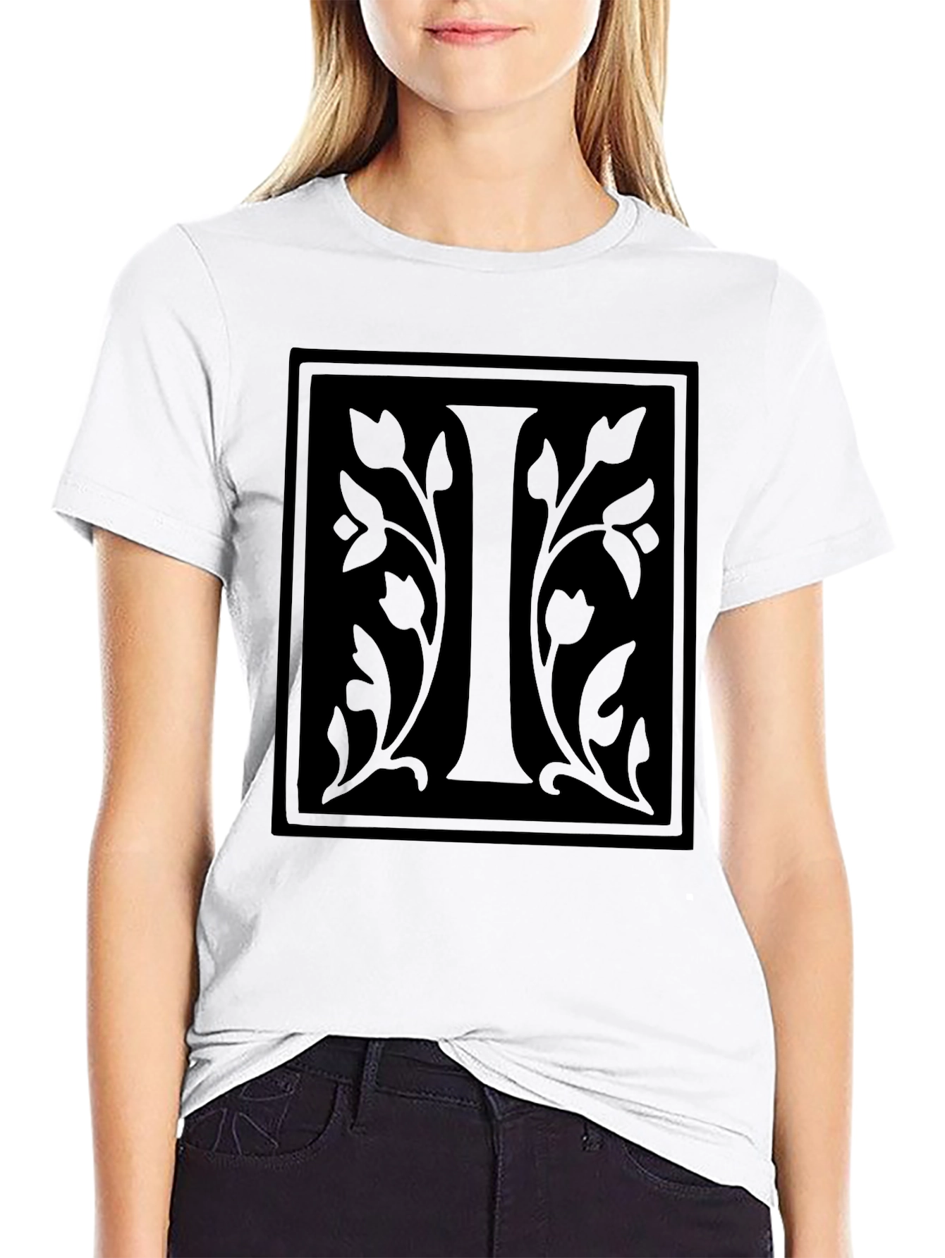 Initial I Floral Graphic Black T-Shirt