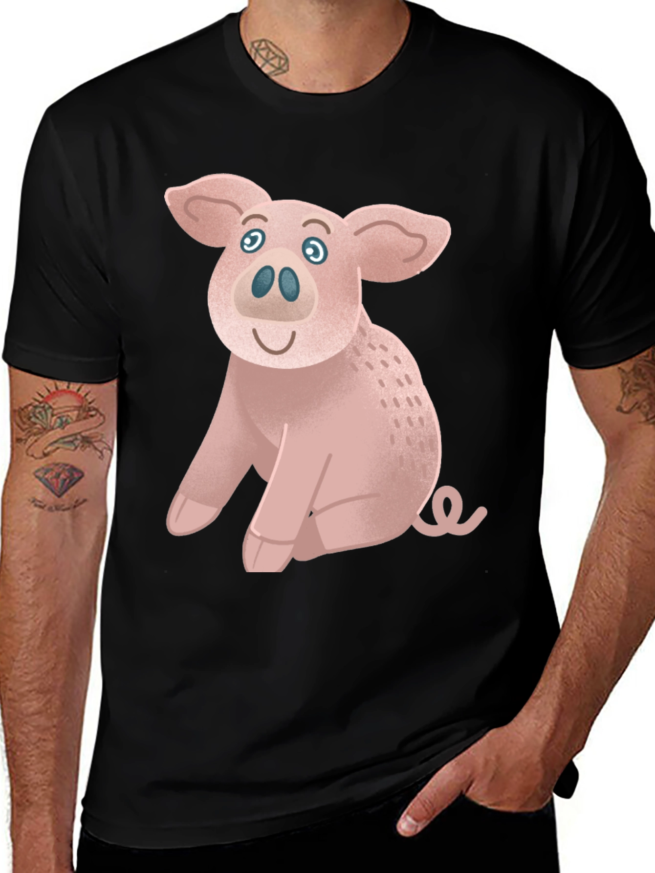 Cute Pig Graphic Tee - Black Cotton T-Shirt