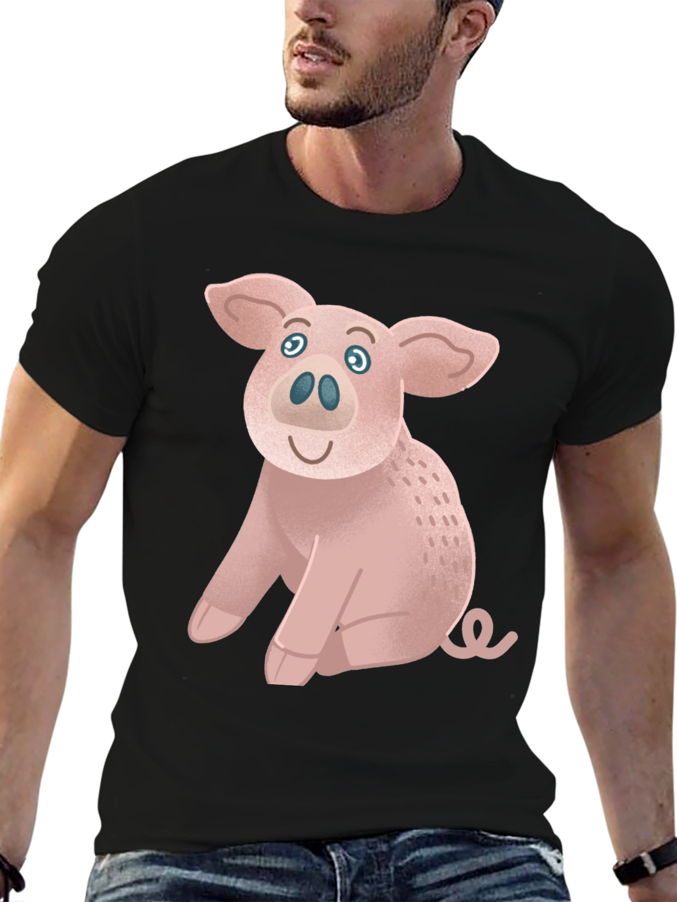 Cute Pig Graphic Tee - Black Cotton T-Shirt