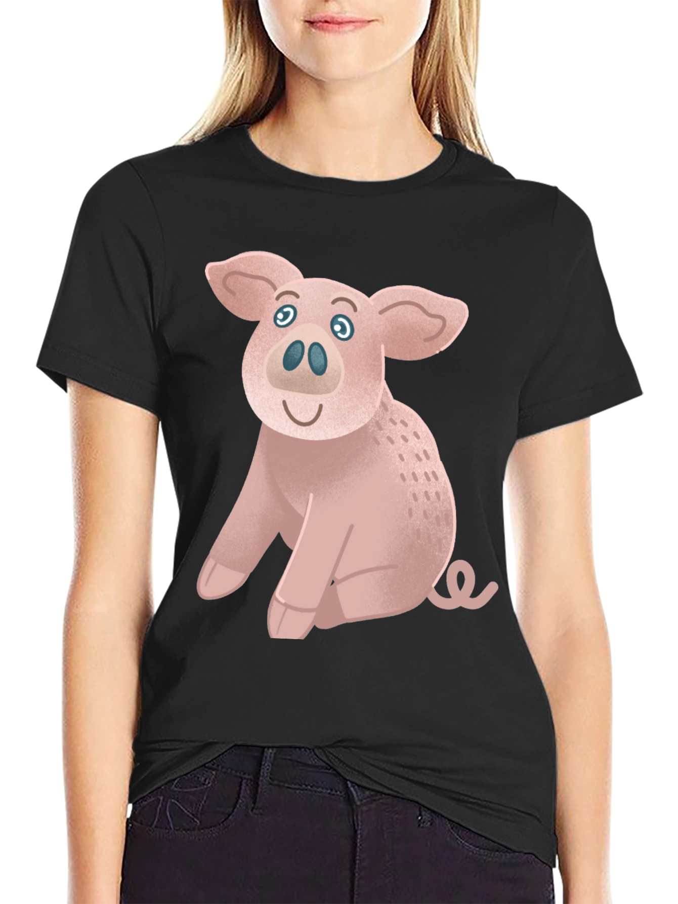 Cute Pig Graphic Tee - Black Cotton T-Shirt