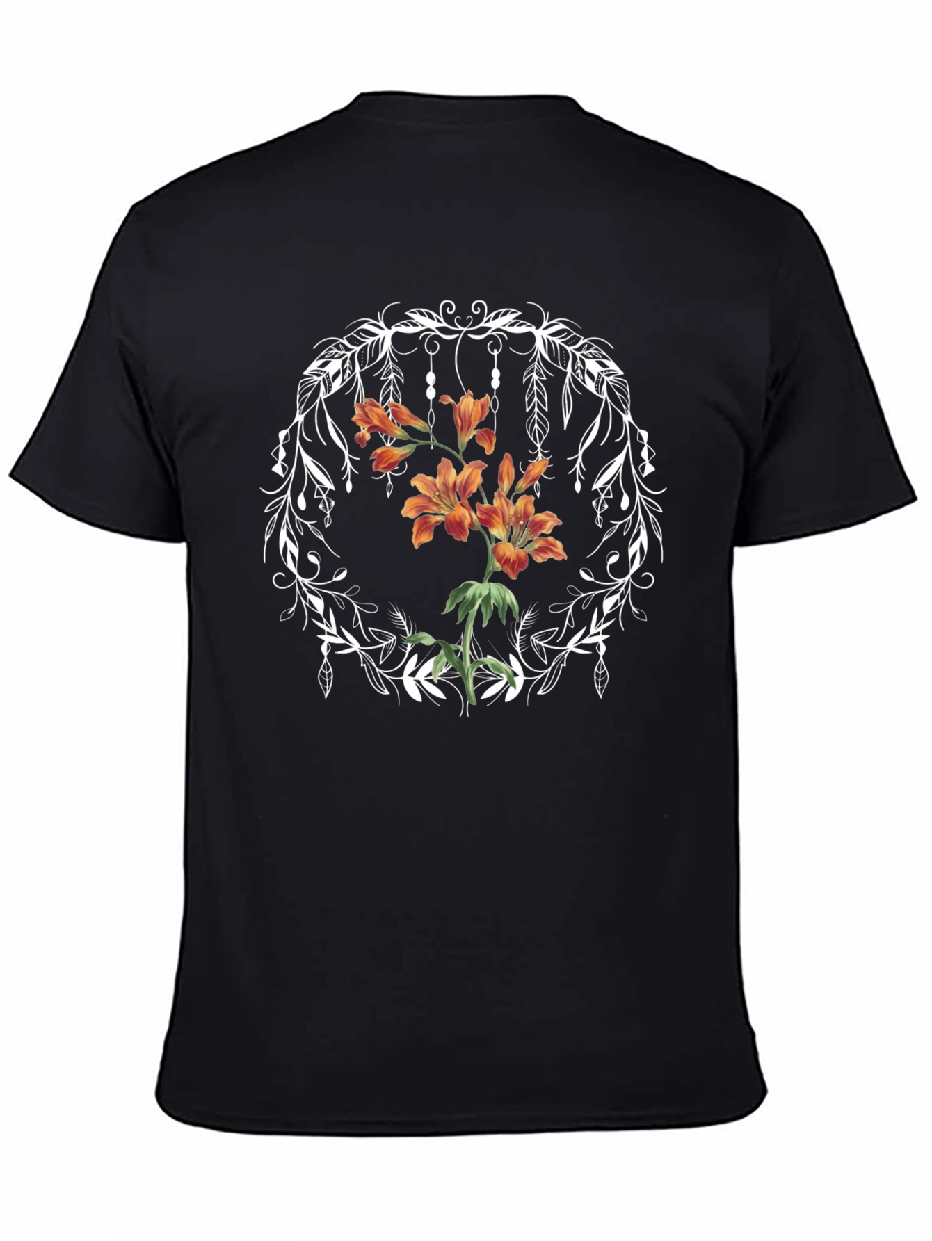 Floral Wreath Graphic Tee - Black Casual T-Shirt