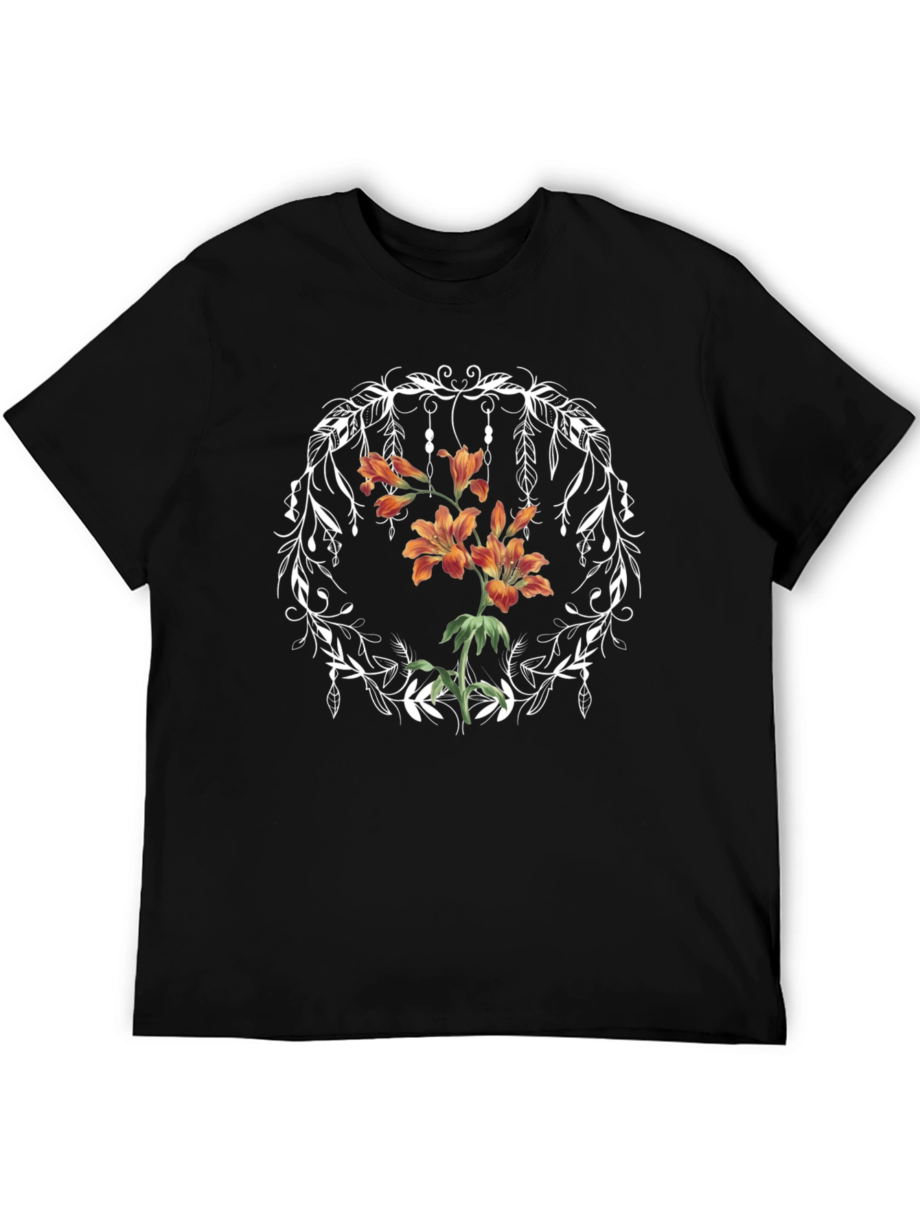 Floral Wreath Graphic Tee - Black Casual T-Shirt