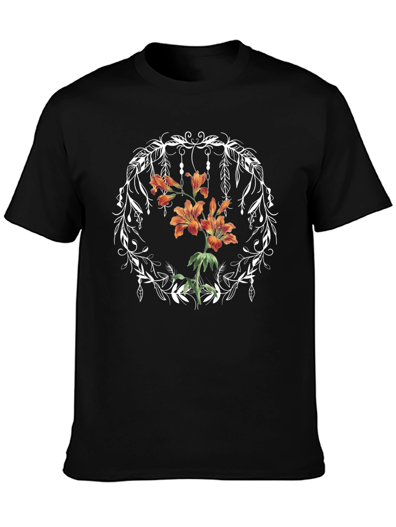 Floral Wreath Graphic Tee - Black Casual T-Shirt