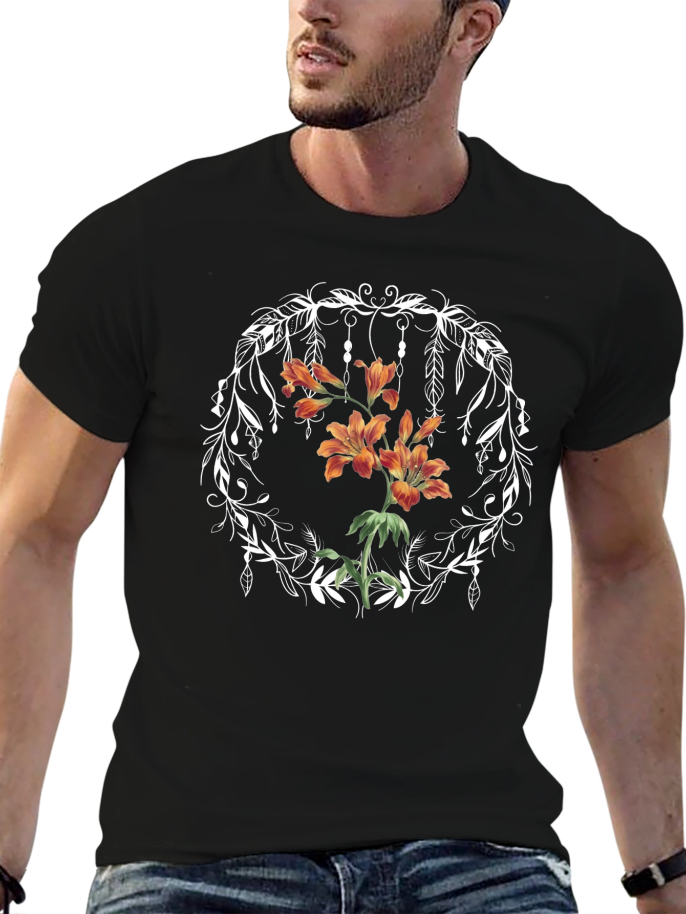 Floral Wreath Graphic Tee - Black Casual T-Shirt