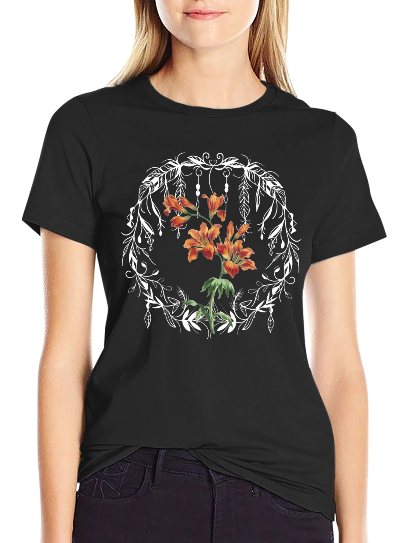 Floral Wreath Graphic Tee - Black Casual T-Shirt