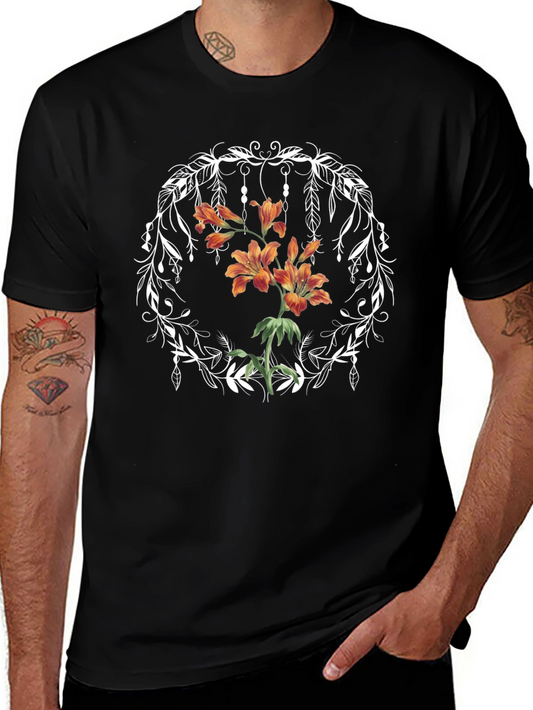 Floral Wreath Graphic Tee - Black Casual T-Shirt