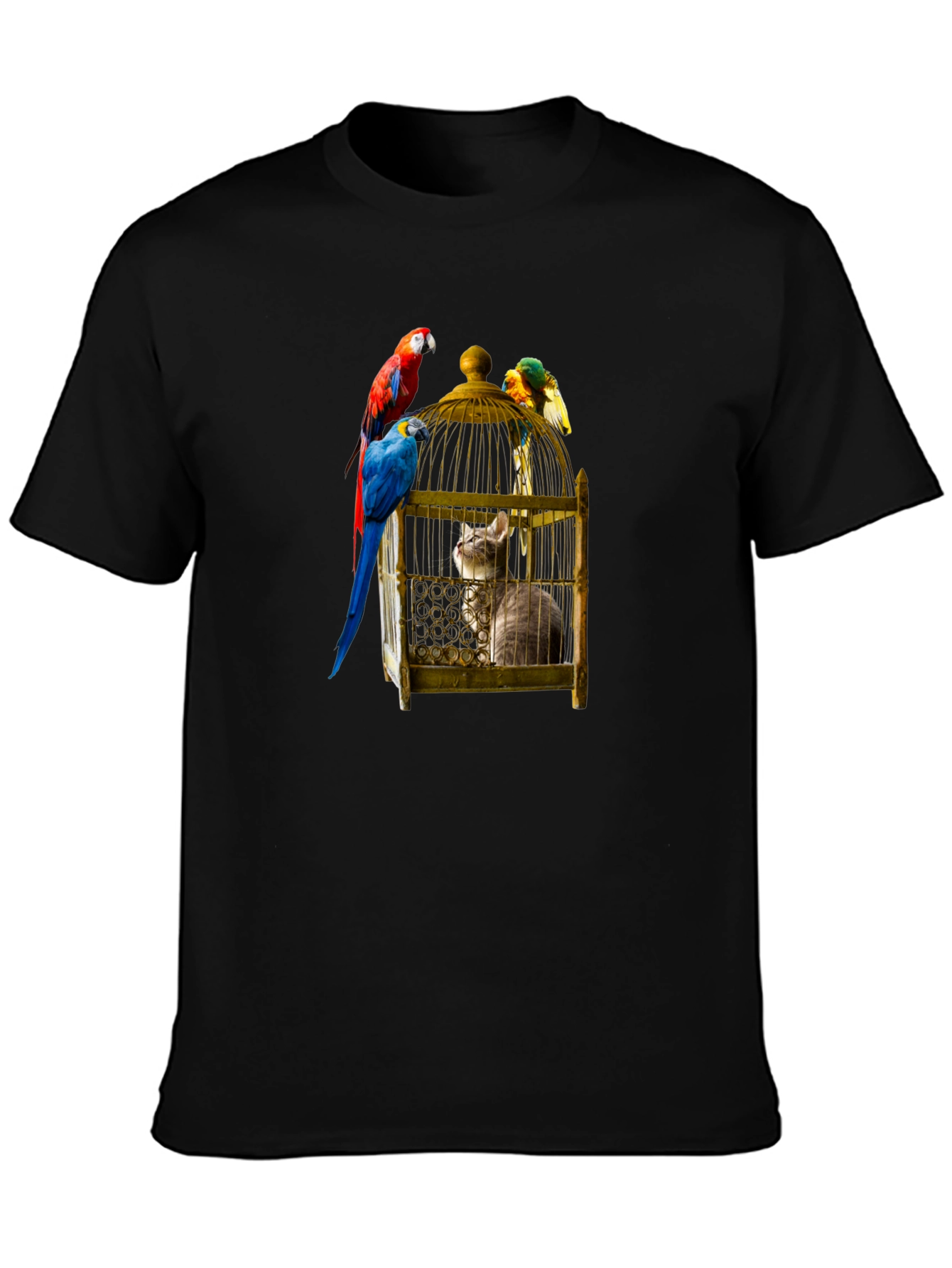 Cat in Cage T-Shirt with Parrots