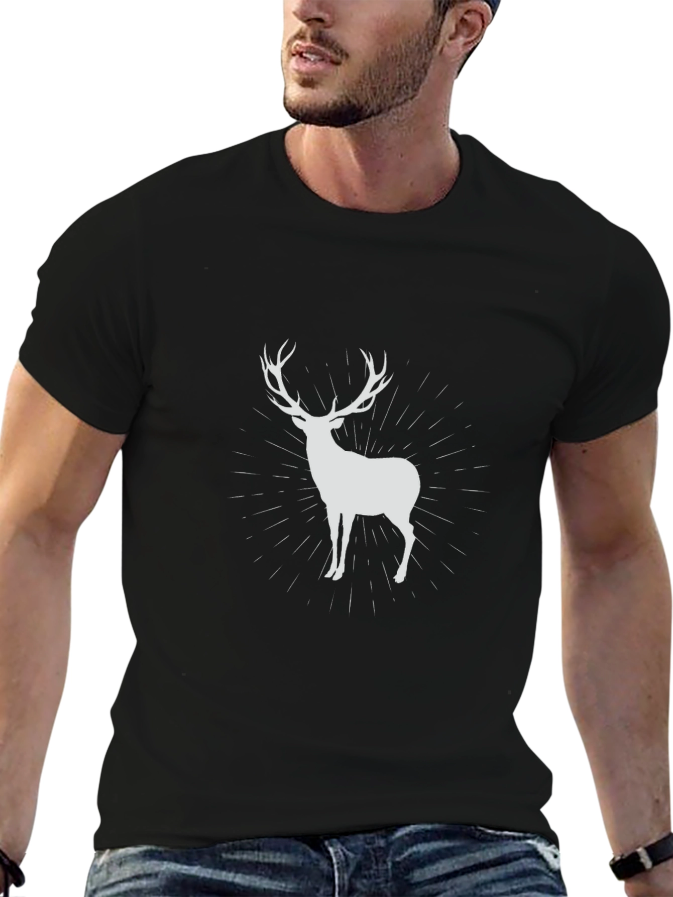 Mens Black T-Shirt with Deer Graphic