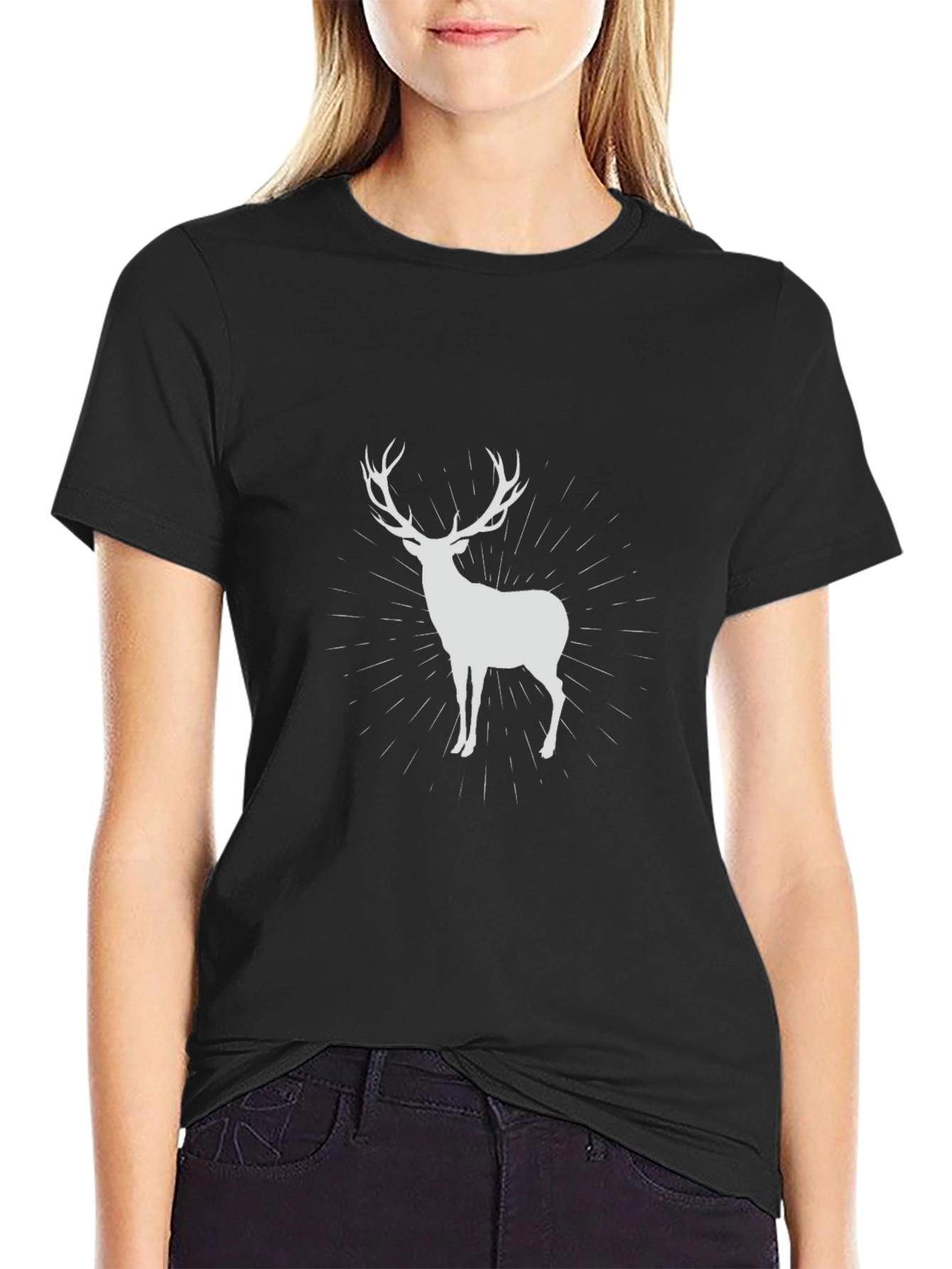 Mens Black T-Shirt with Deer Graphic