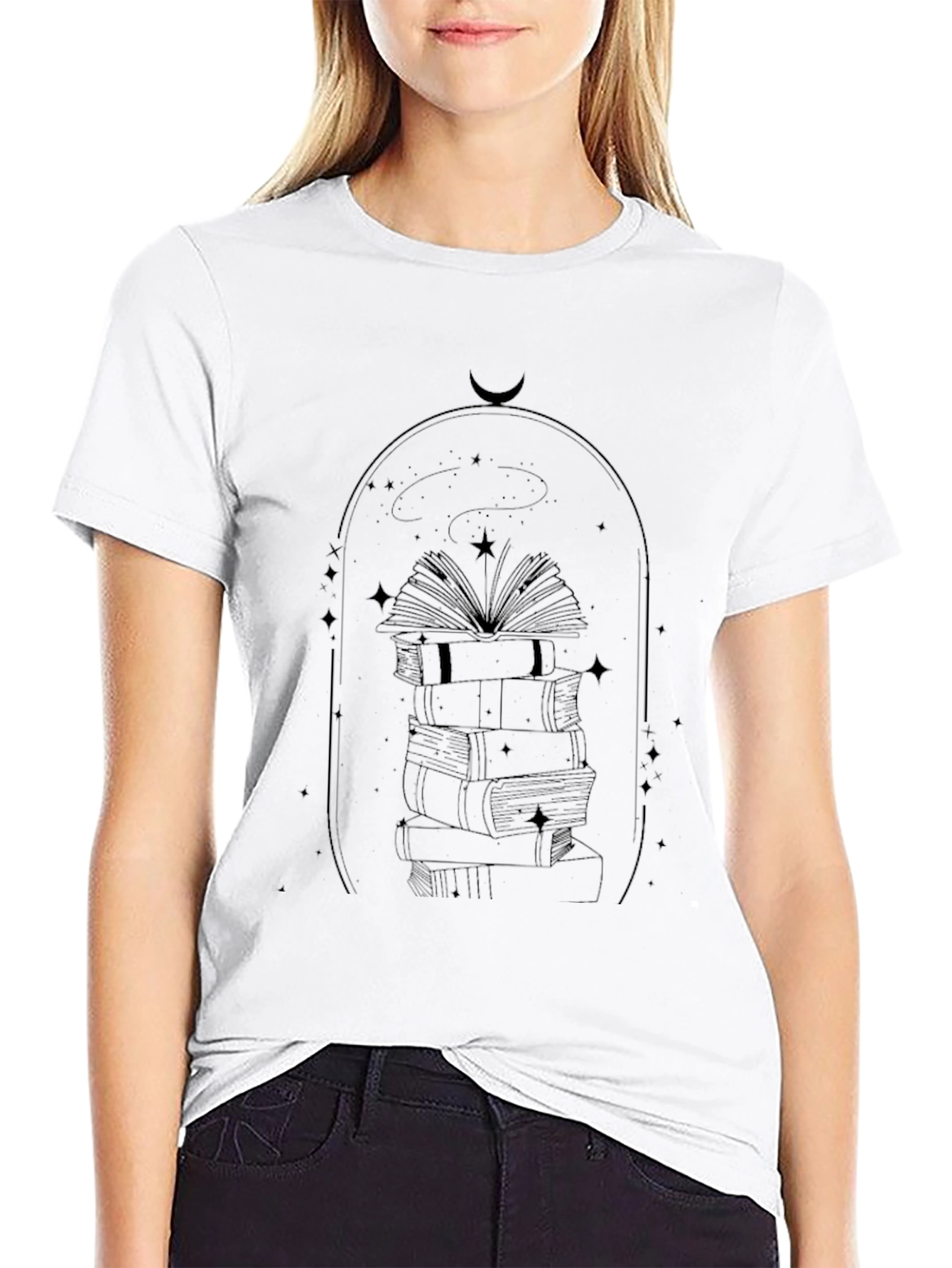 Book Stack & Moon Graphic Tee - Black