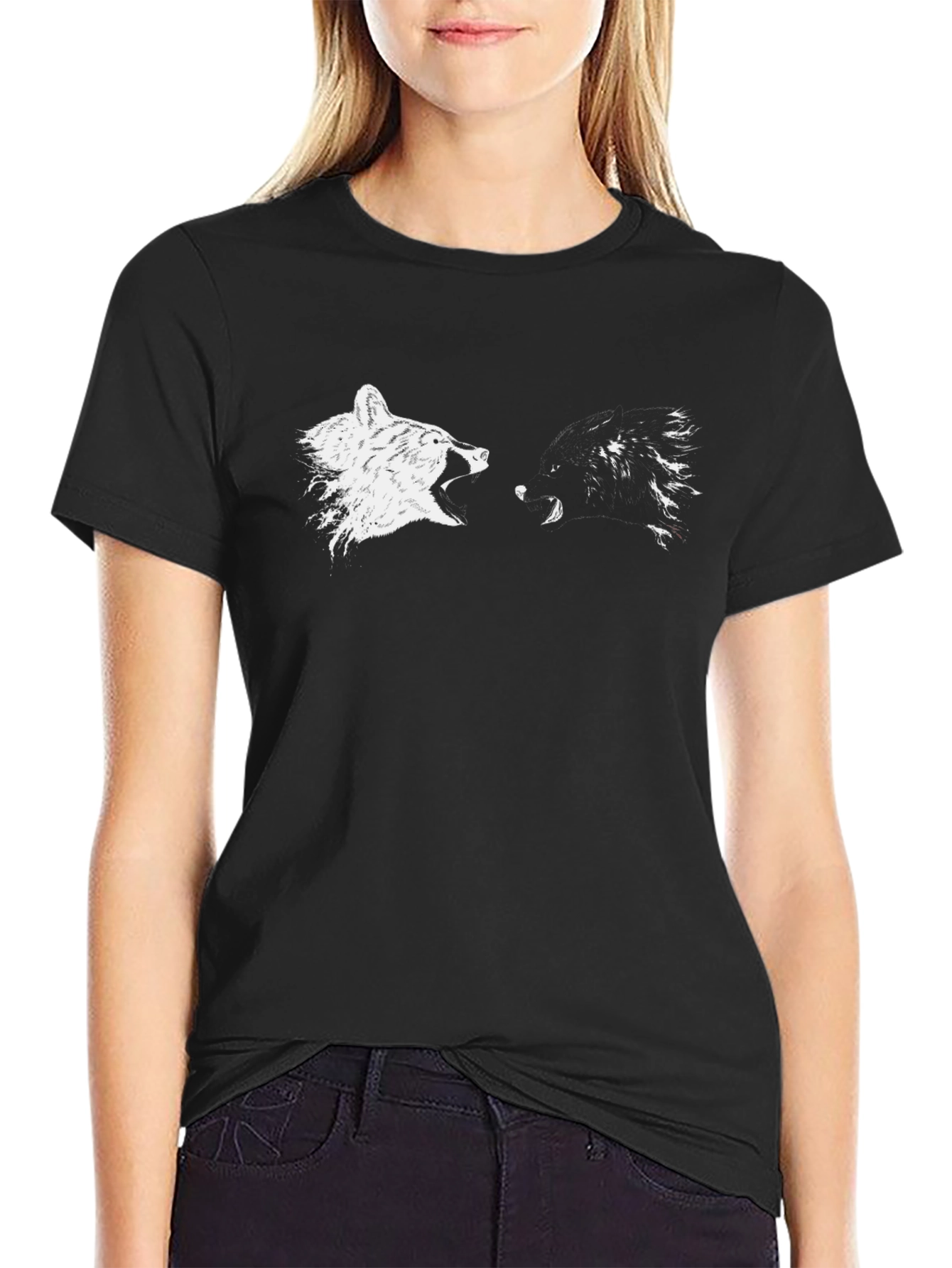 Black T-Shirt with Wolf Howling Print