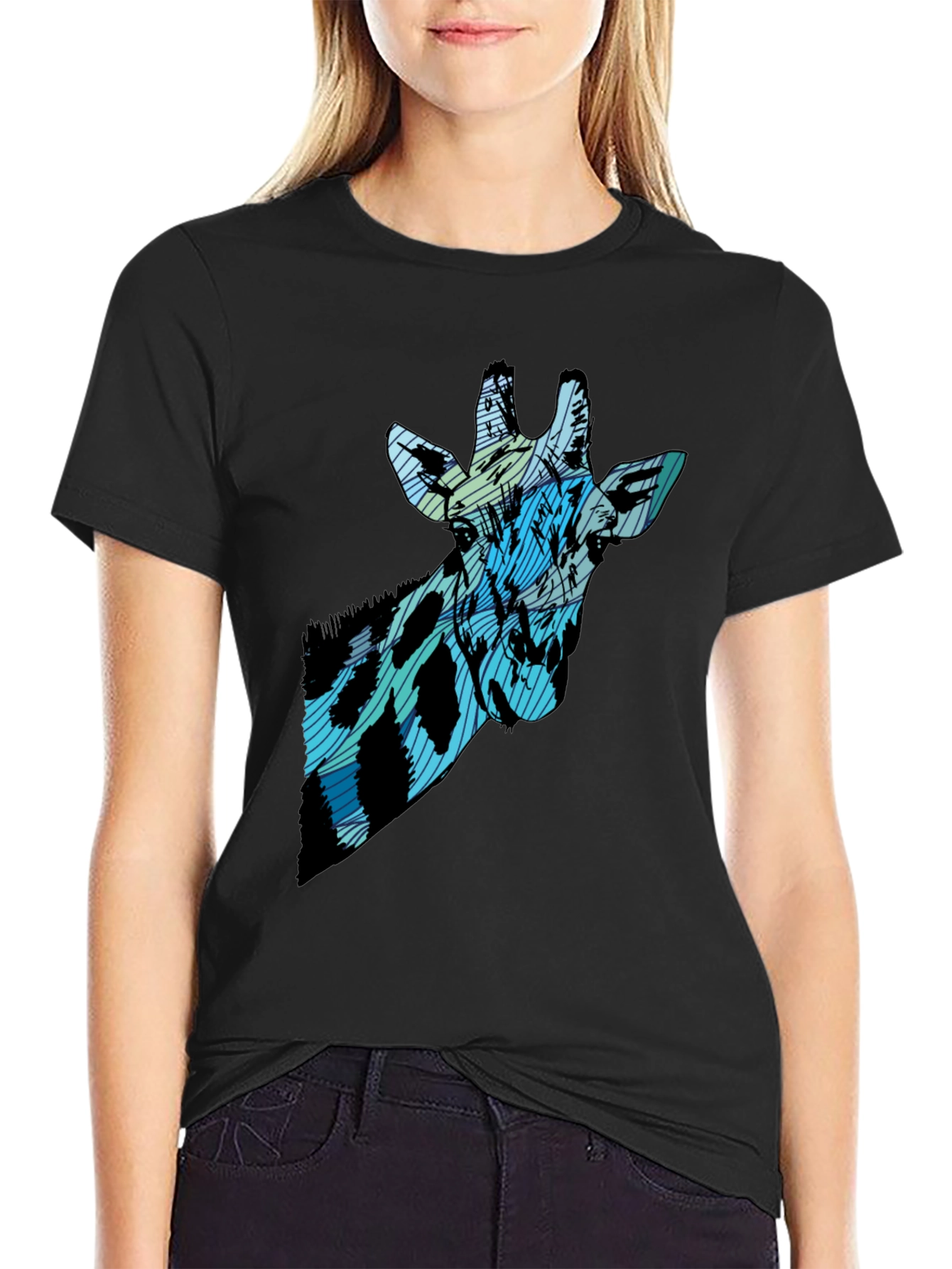 Abstract Giraffe Print Black T-Shirt