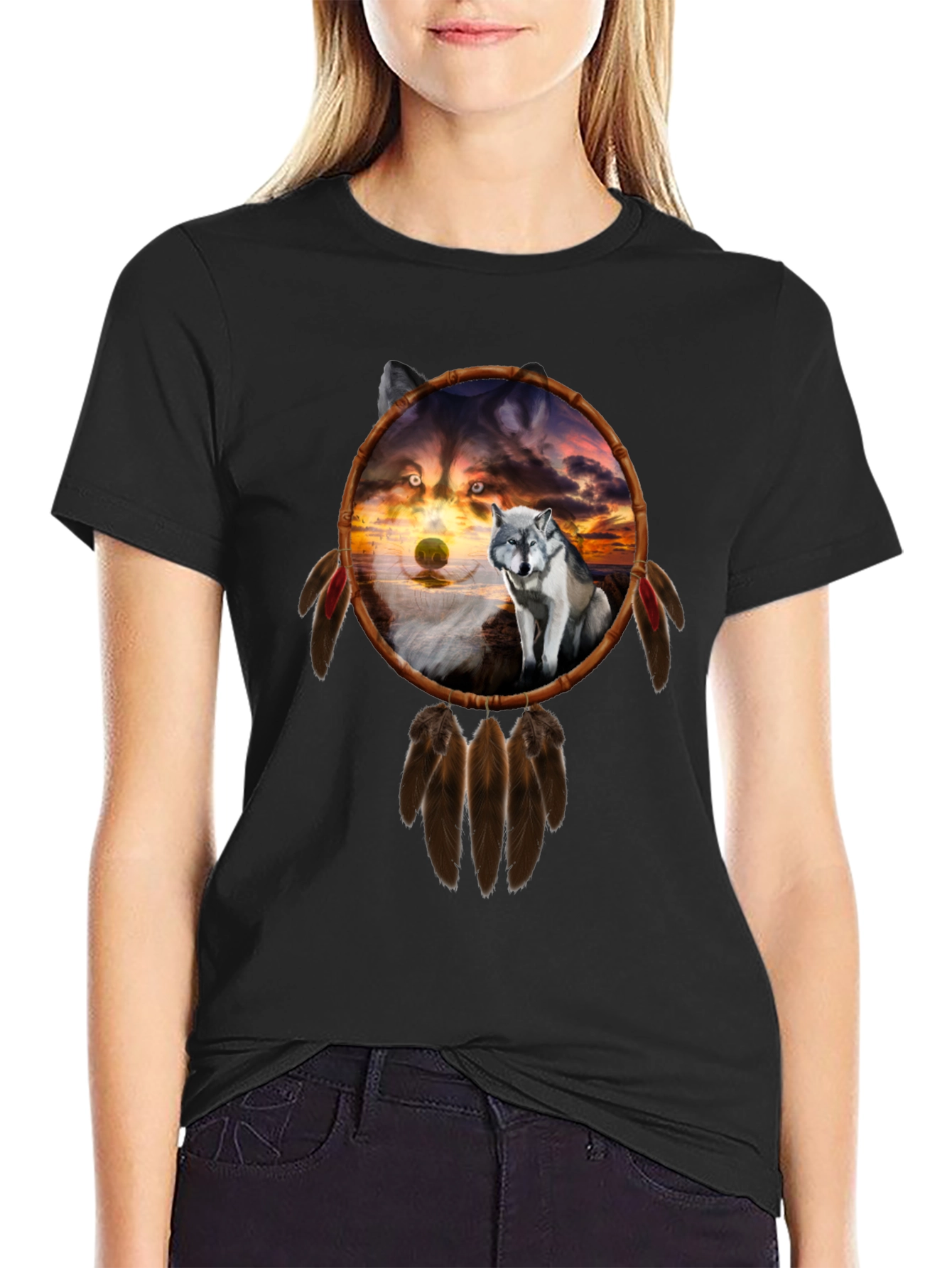 Wolf Dreamcatcher Graphic Tee - Black