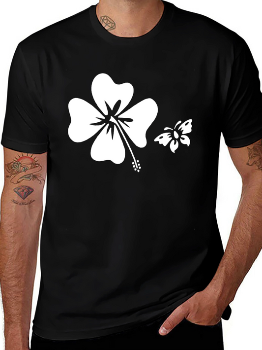 Black T-Shirt with Hibiscus and Butterfly Graphic