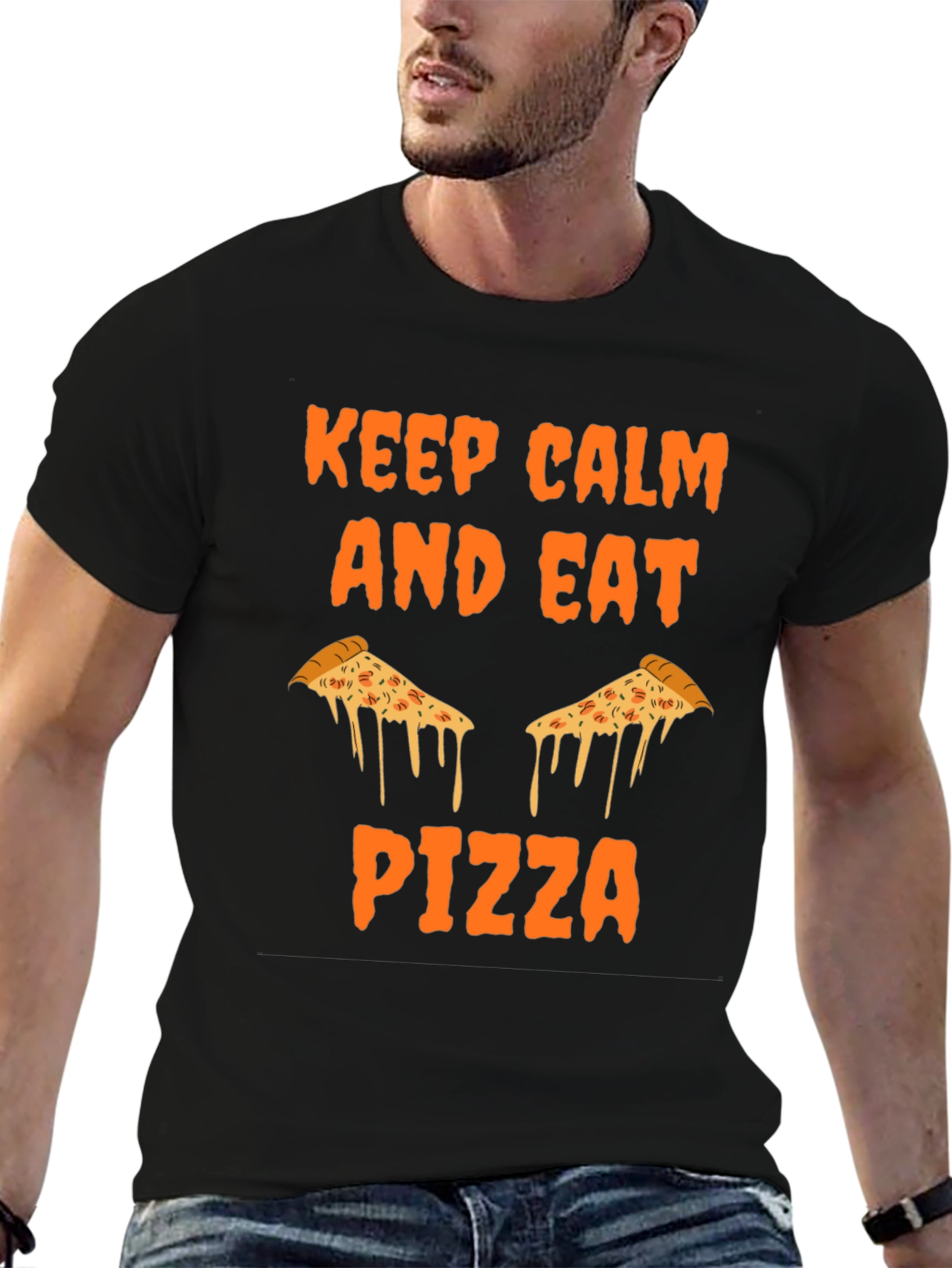 Keep Calm Eat Pizza Black Graphic Tee Shirt
