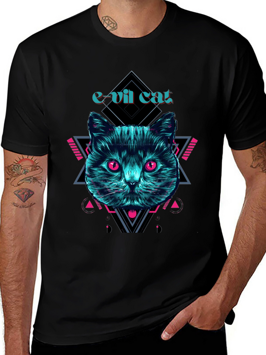 Evil Cat Graphic Tee - Neon Cyberpunk Design