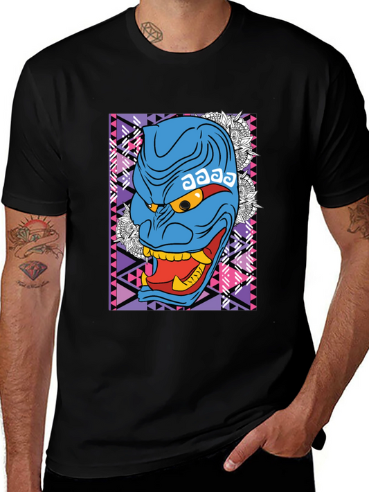 Blue Oni Mask Graphic Tee - Unique Japanese Demon Design