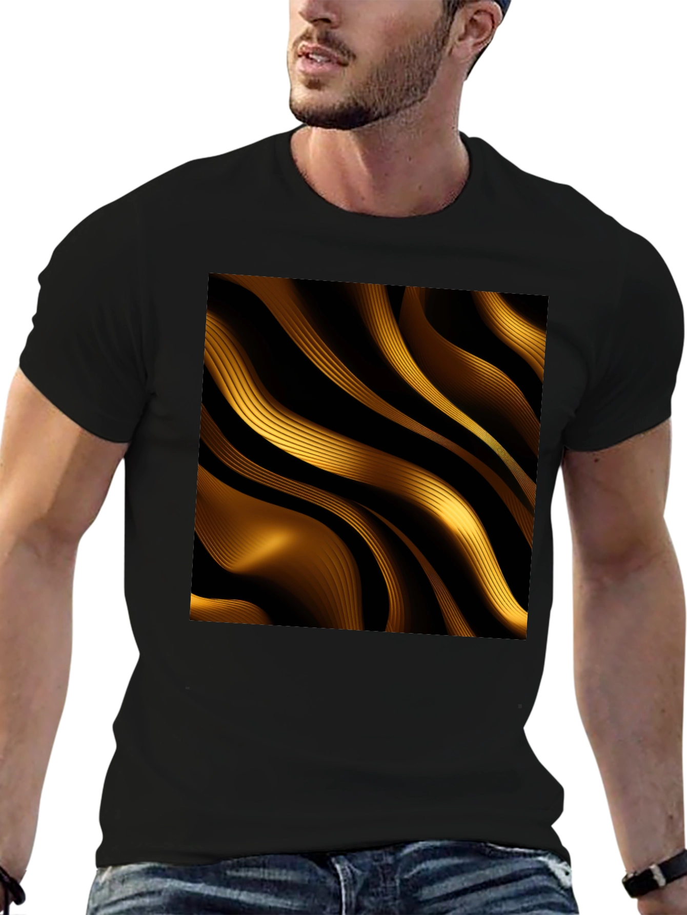 Golden Abstract Wave Print Black T-Shirt