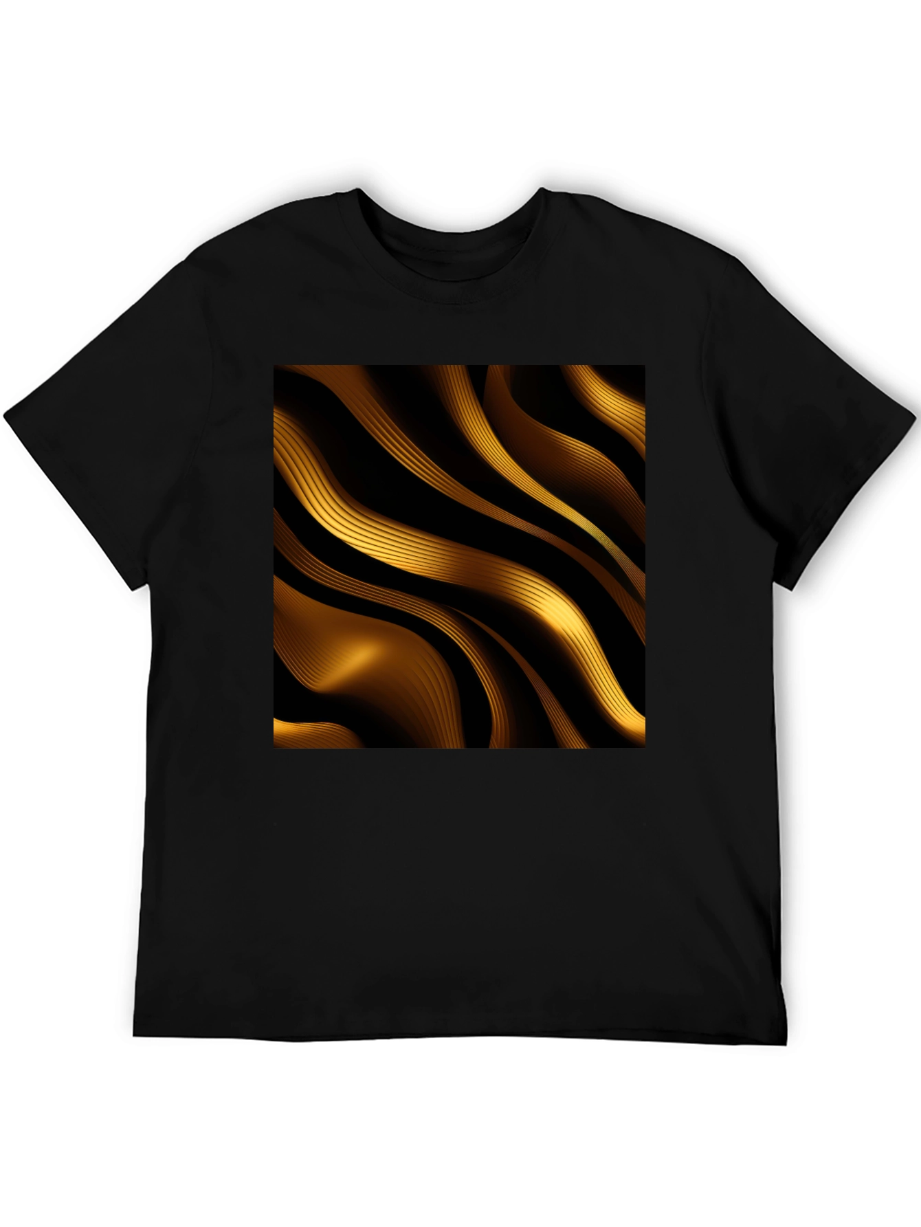 Golden Abstract Wave Print Black T-Shirt