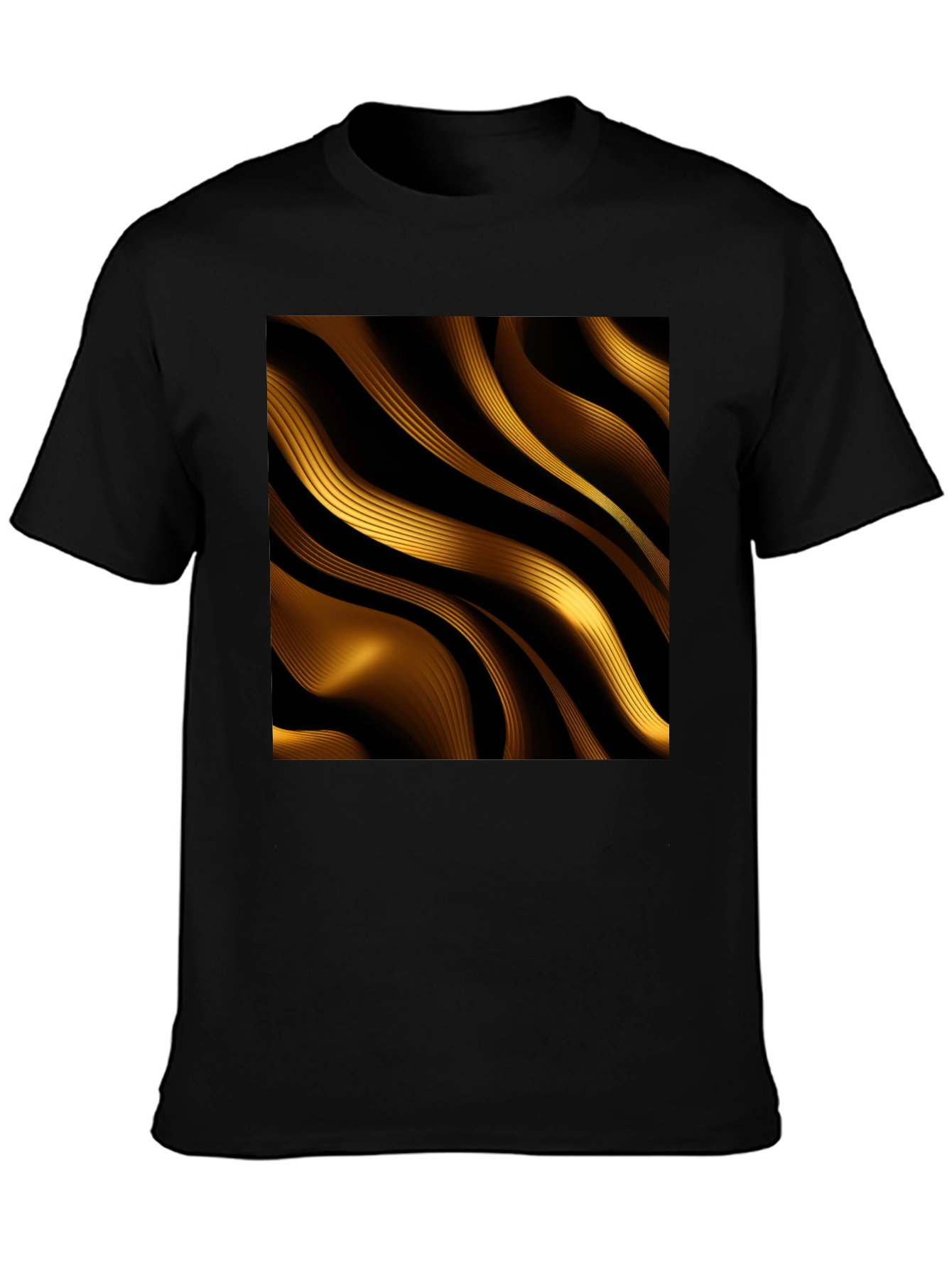 Golden Abstract Wave Print Black T-Shirt