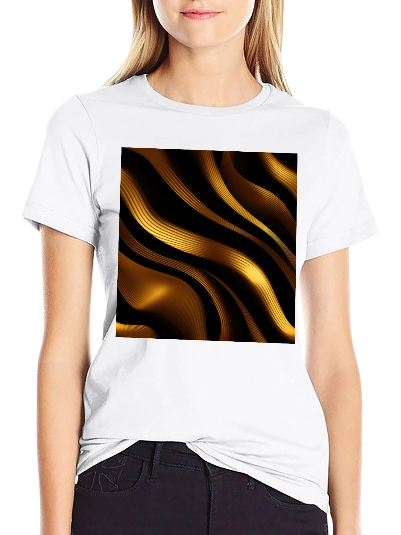 Golden Abstract Wave Print Black T-Shirt