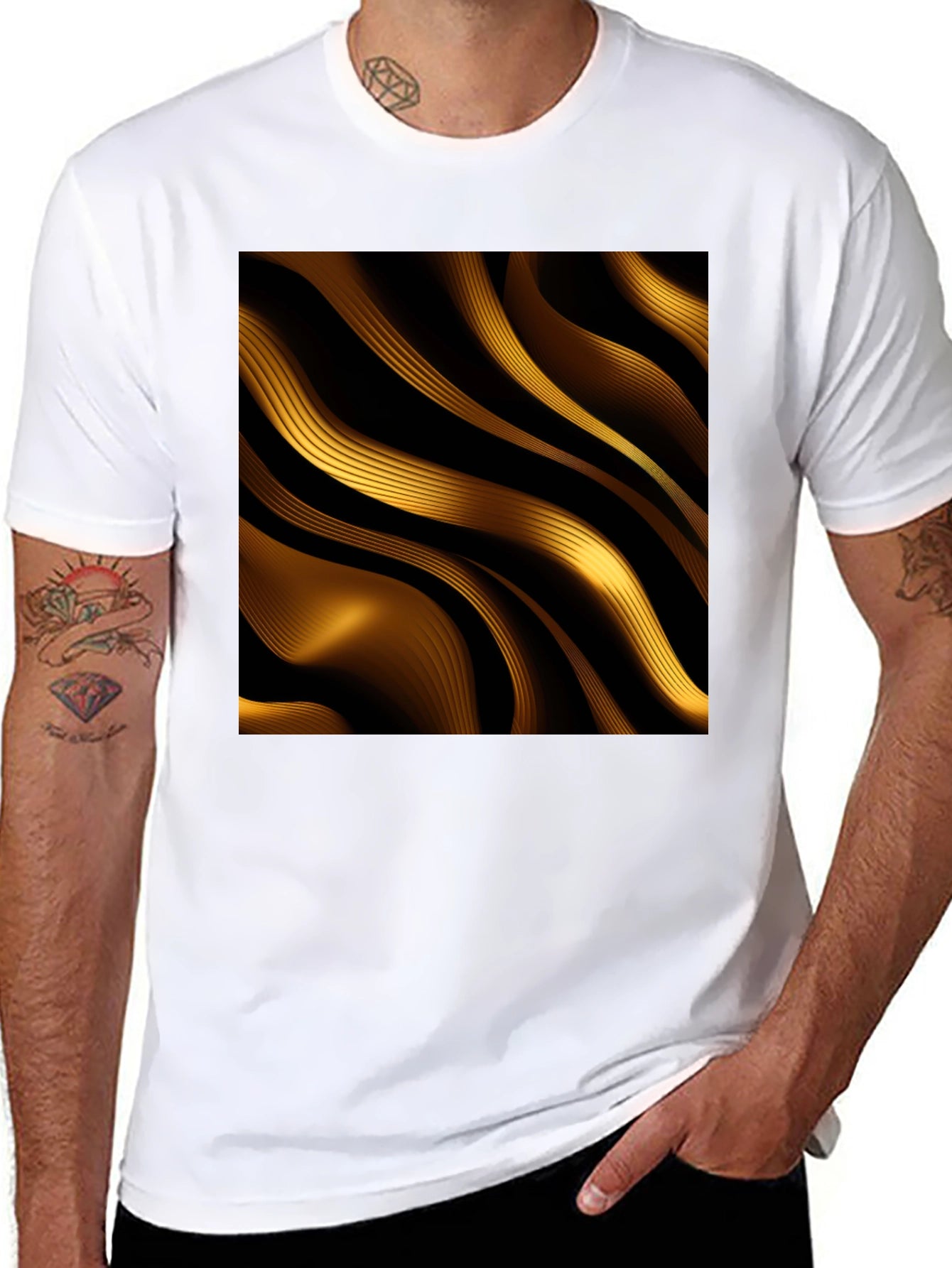 Golden Abstract Wave Print Black T-Shirt
