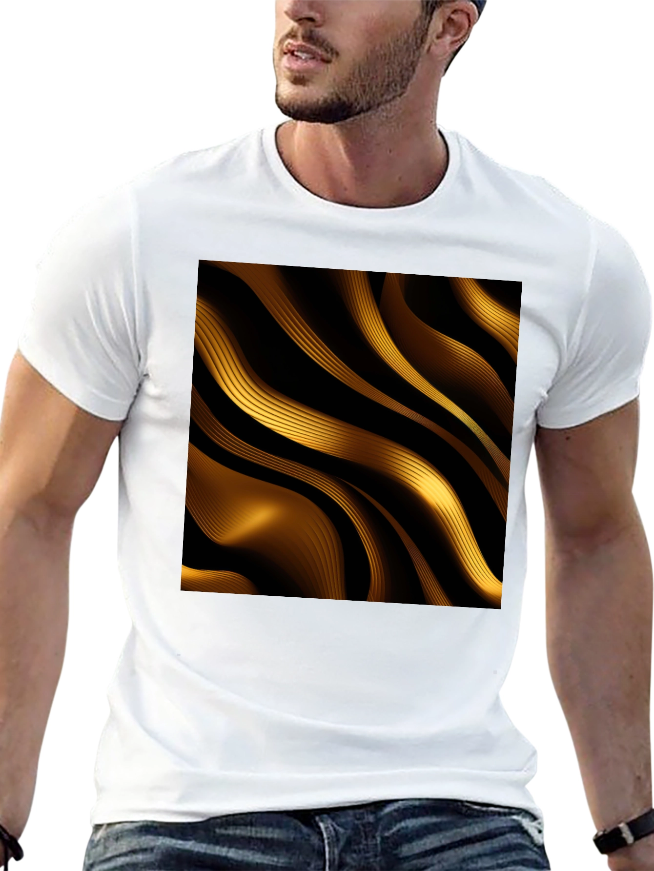Golden Abstract Wave Print Black T-Shirt