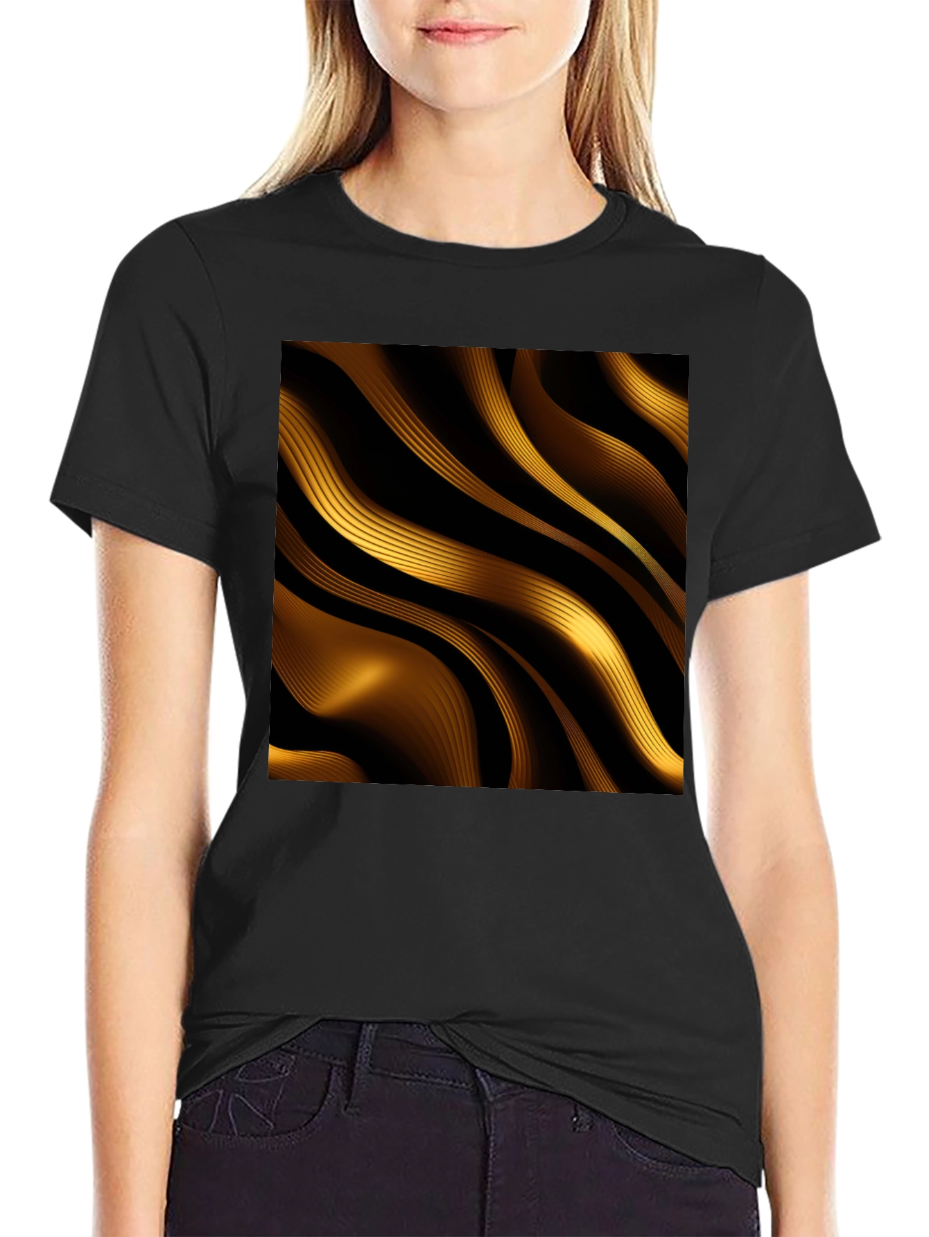 Golden Abstract Wave Print Black T-Shirt