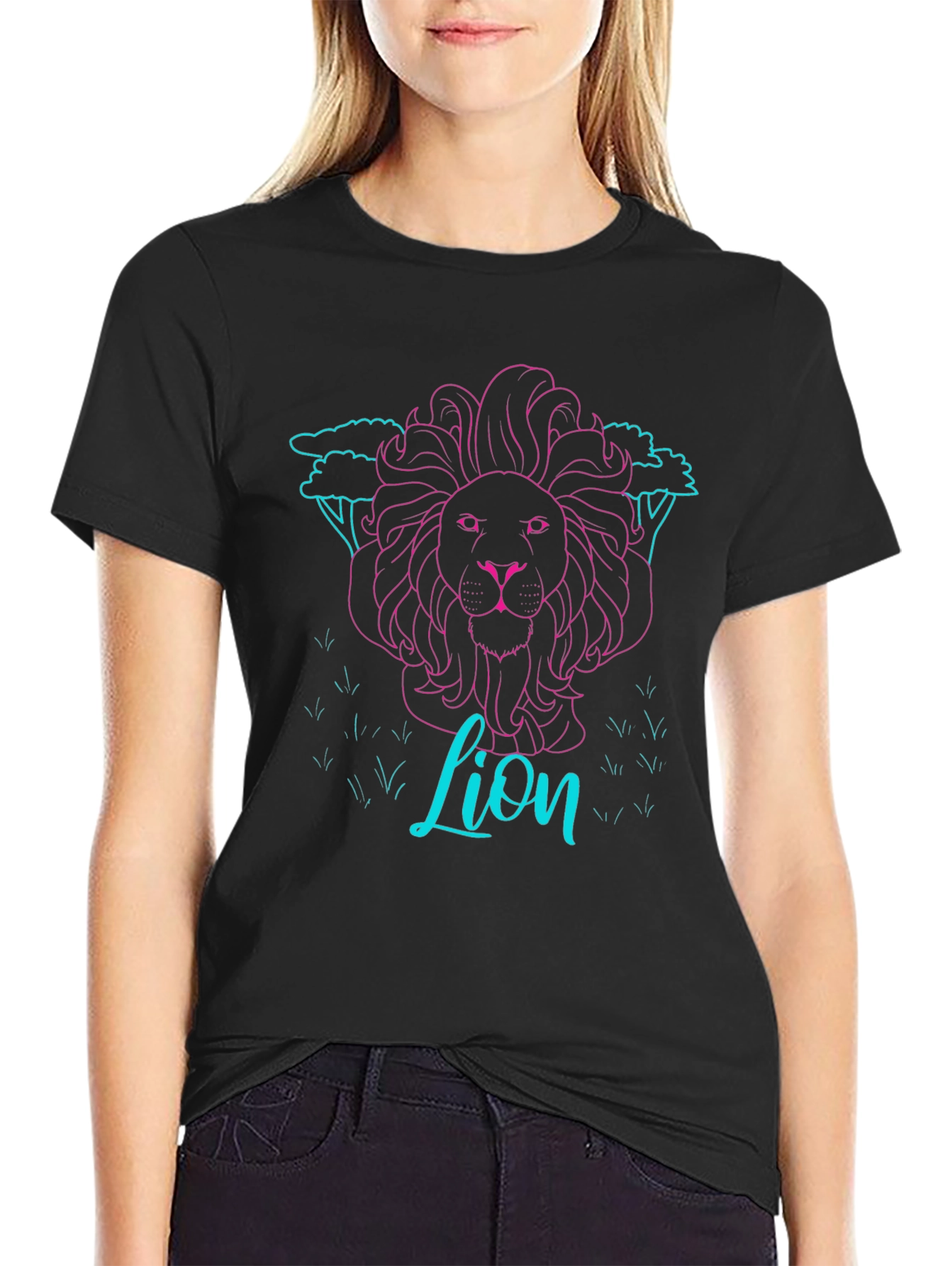 Neon Lion Graphic Tee - Black Cotton T-Shirt