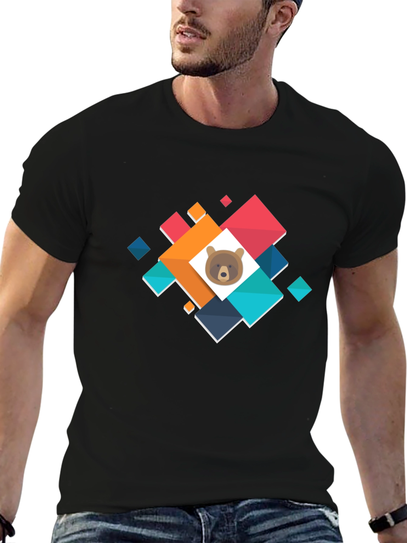 Bear Cub Geometric Graphic T-Shirt - Casual Cotton Tee