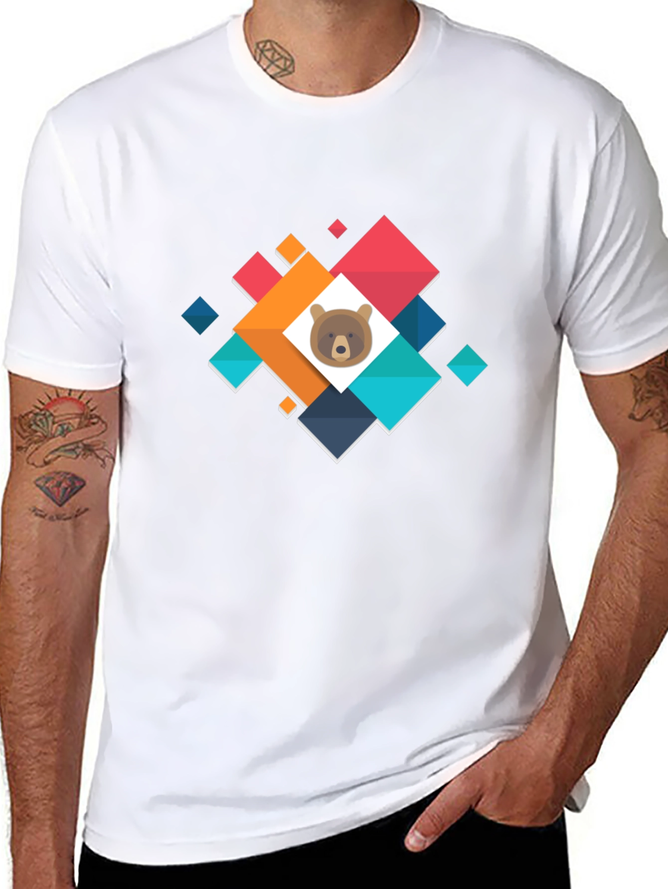 Bear Cub Geometric Graphic T-Shirt - Casual Cotton Tee