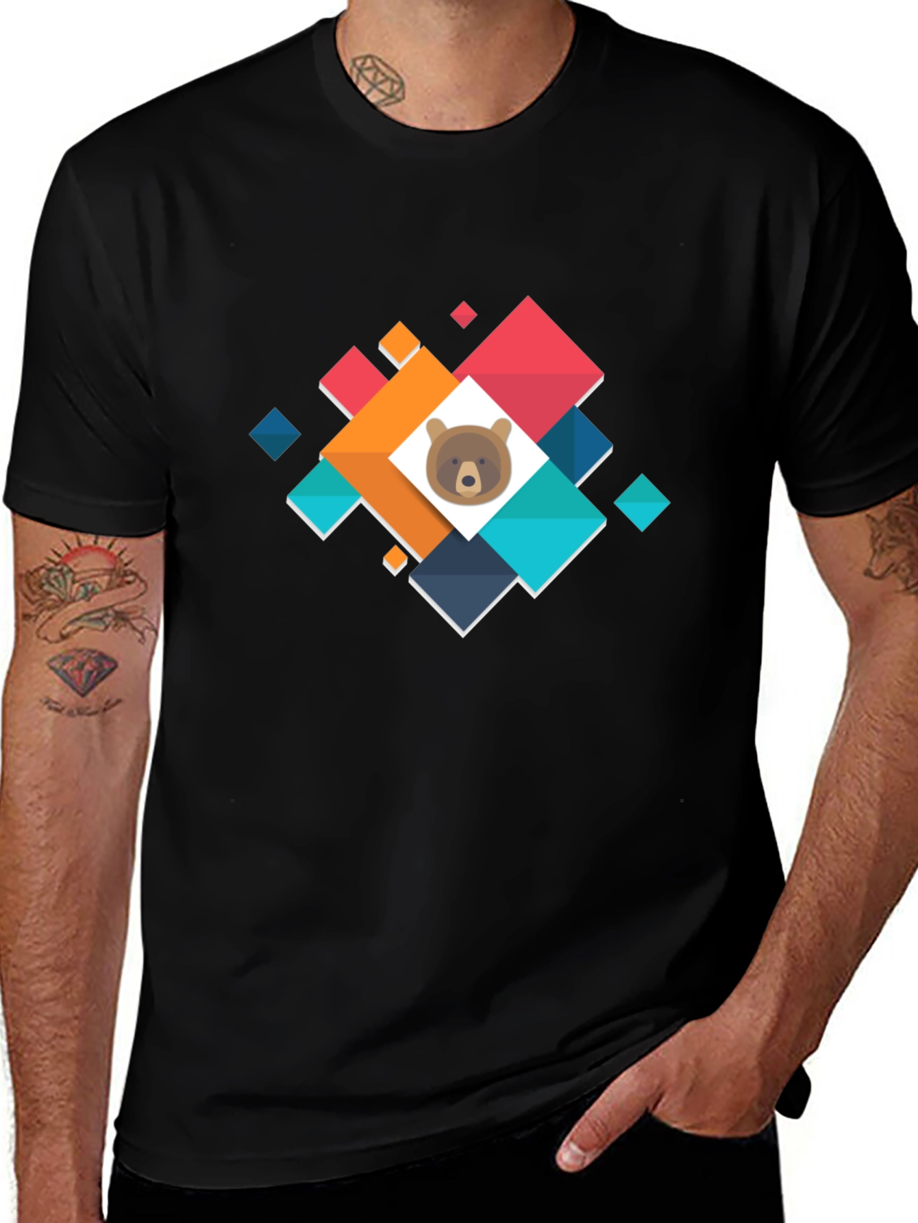 Bear Cub Geometric Graphic T-Shirt - Casual Cotton Tee