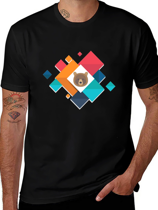 Bear Cub Geometric Graphic T-Shirt - Casual Cotton Tee