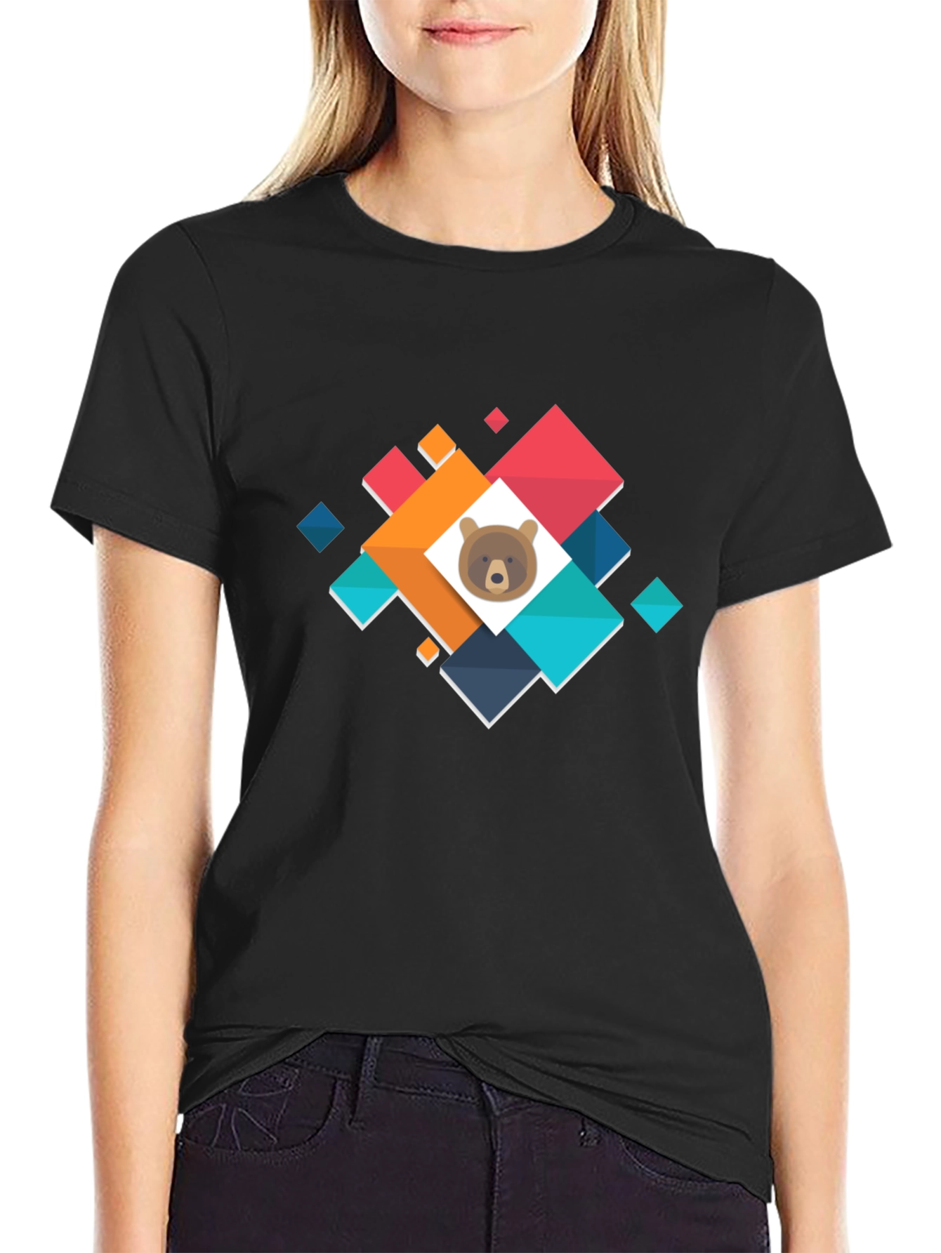 Bear Cub Geometric Graphic T-Shirt - Casual Cotton Tee