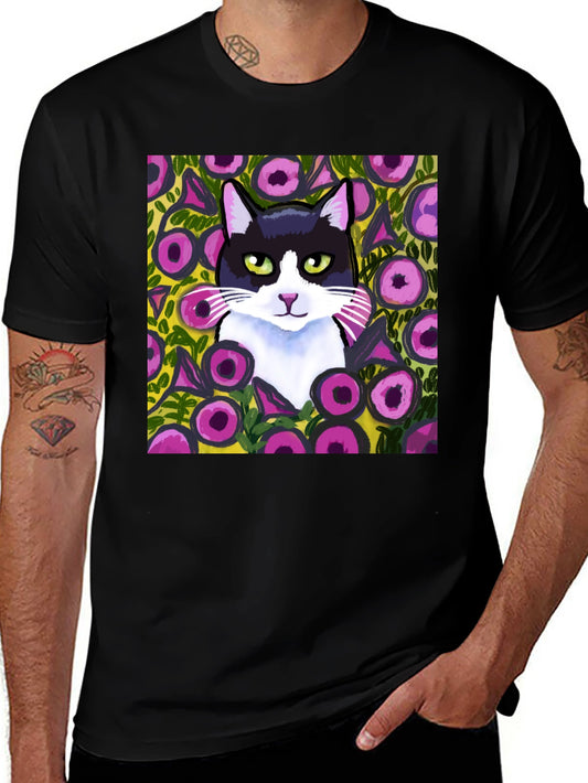 Floral Cat Graphic Tee - Black