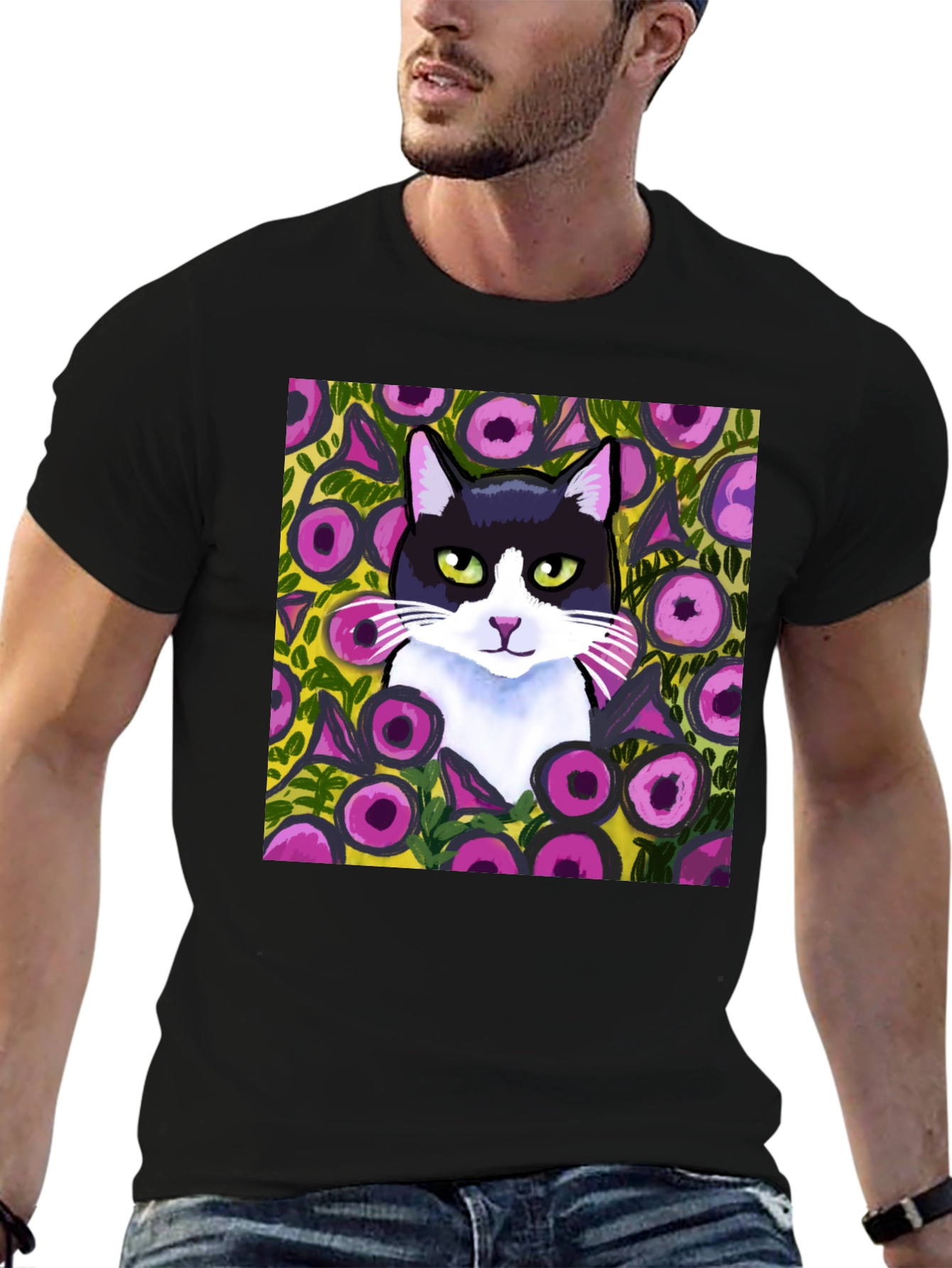 Floral Cat Graphic Tee - Black