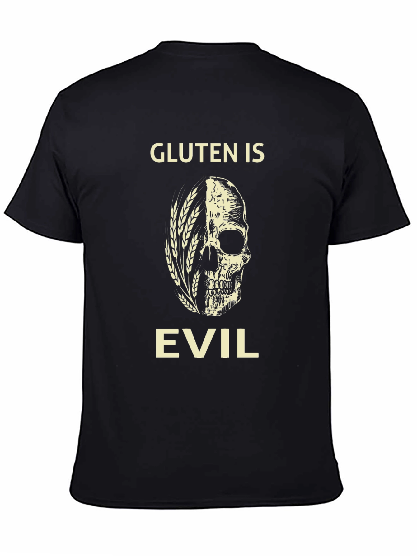 Gluten is Evil T-Shirt - Skull & Wheat Design