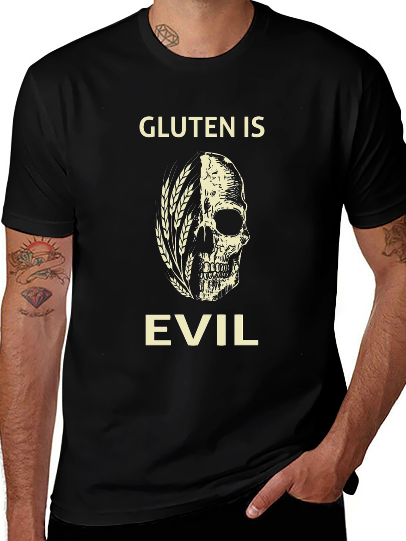 Gluten is Evil T-Shirt - Skull & Wheat Design