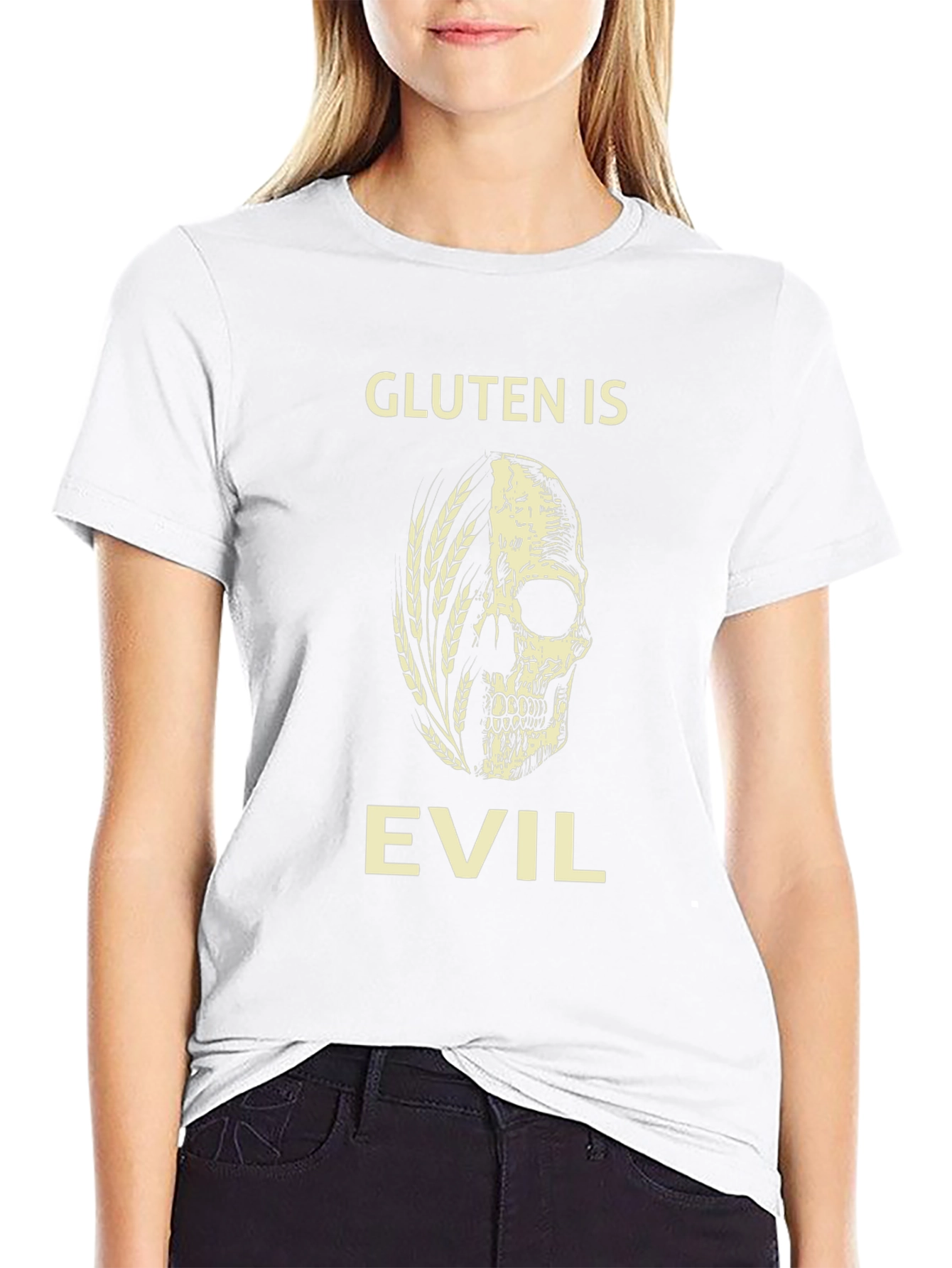 Gluten is Evil T-Shirt - Skull & Wheat Design
