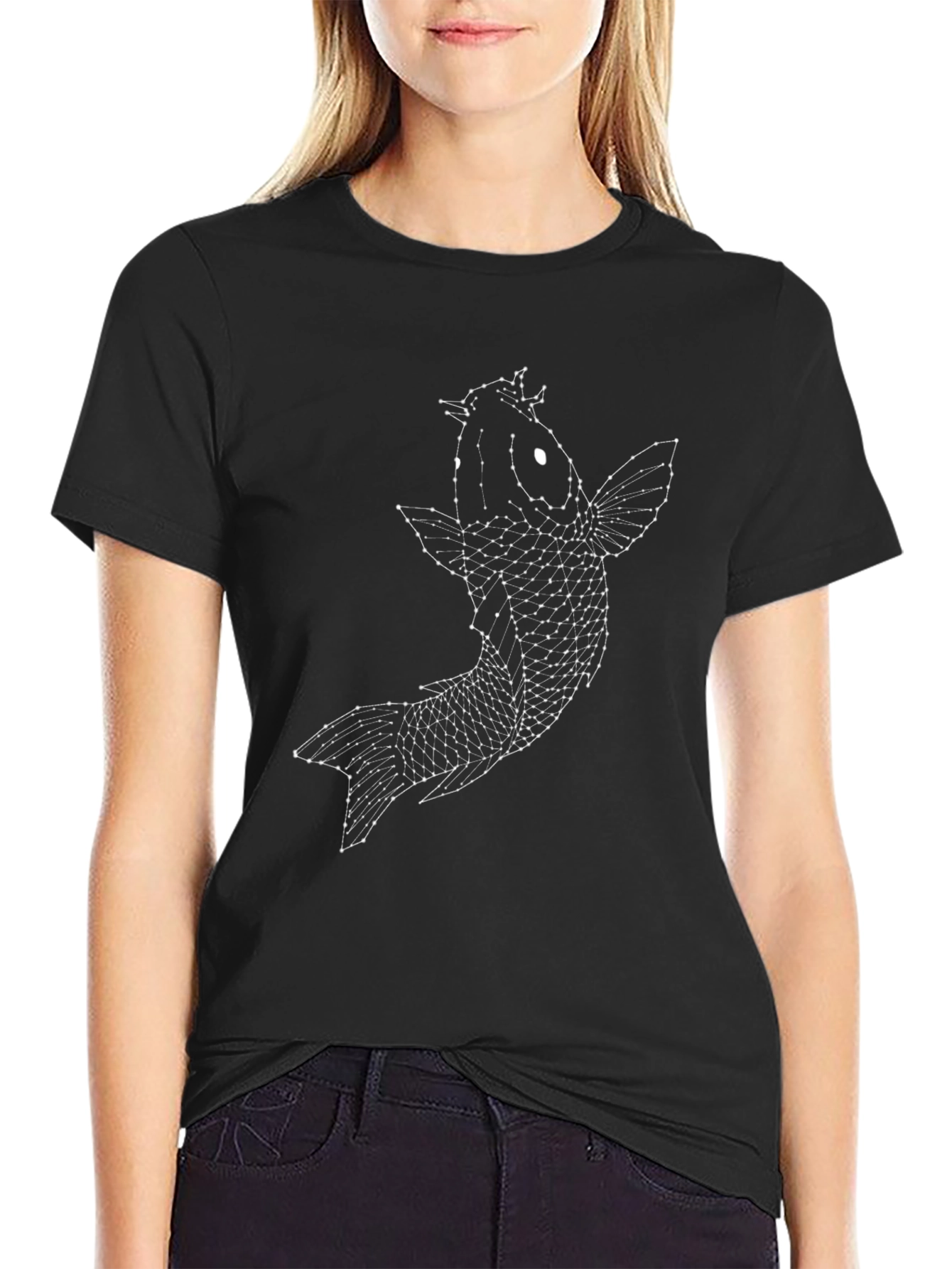 Geometric Koi Fish Graphic Tee - Black